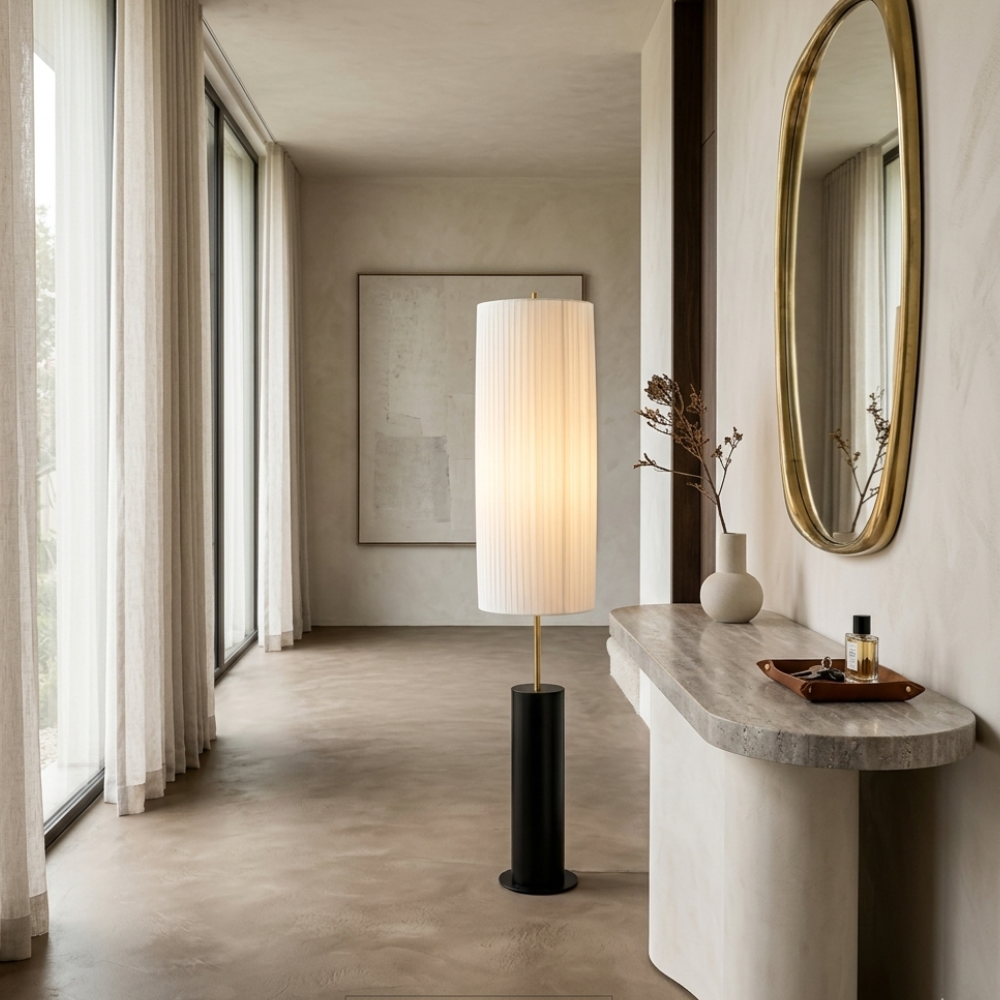 Minimalistische Vloerlamp met Stoffen Kap en Zachte Rustgevende LED‑Sfeerverlichting