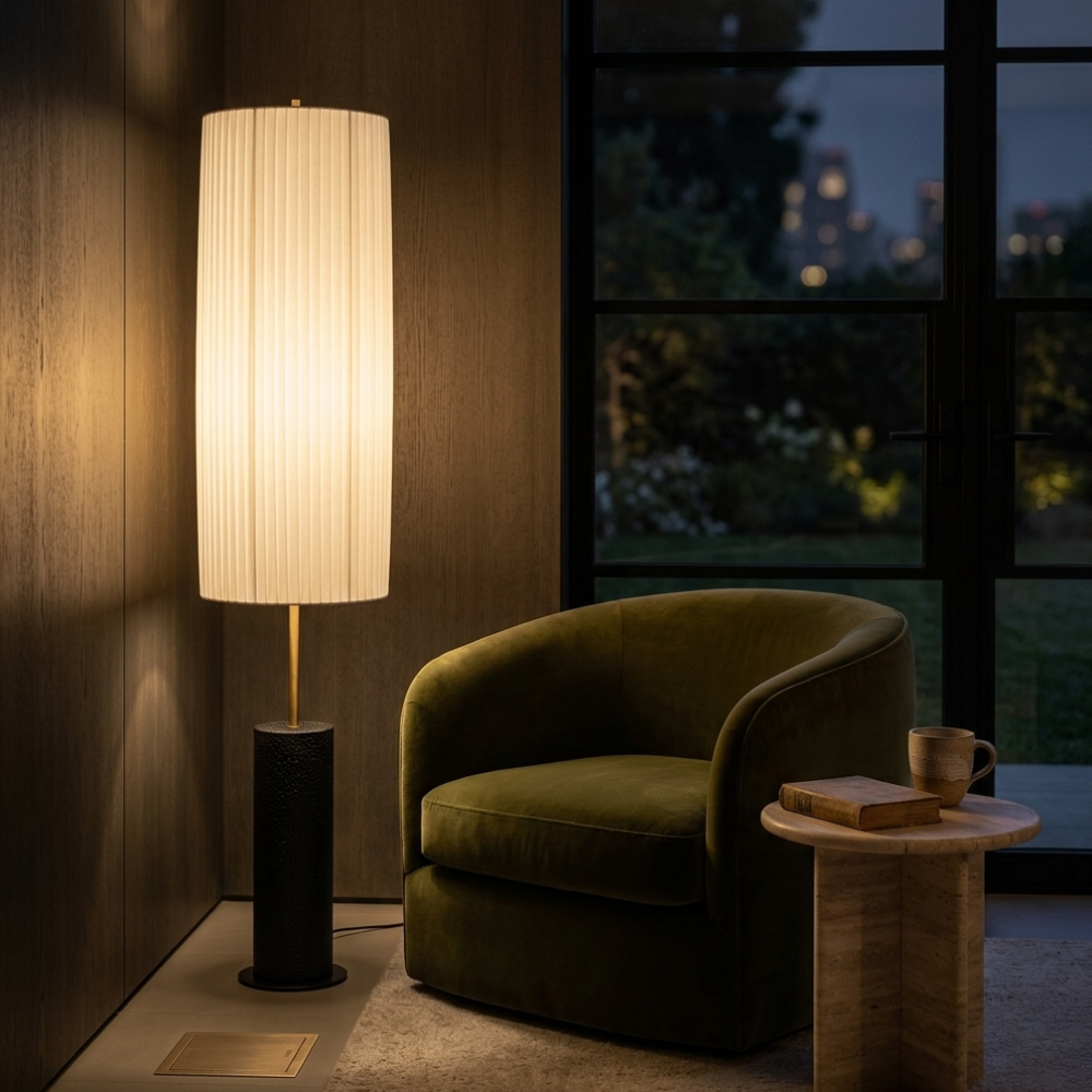 Minimalistische Vloerlamp met Stoffen Kap en Zachte Rustgevende LED‑Sfeerverlichting