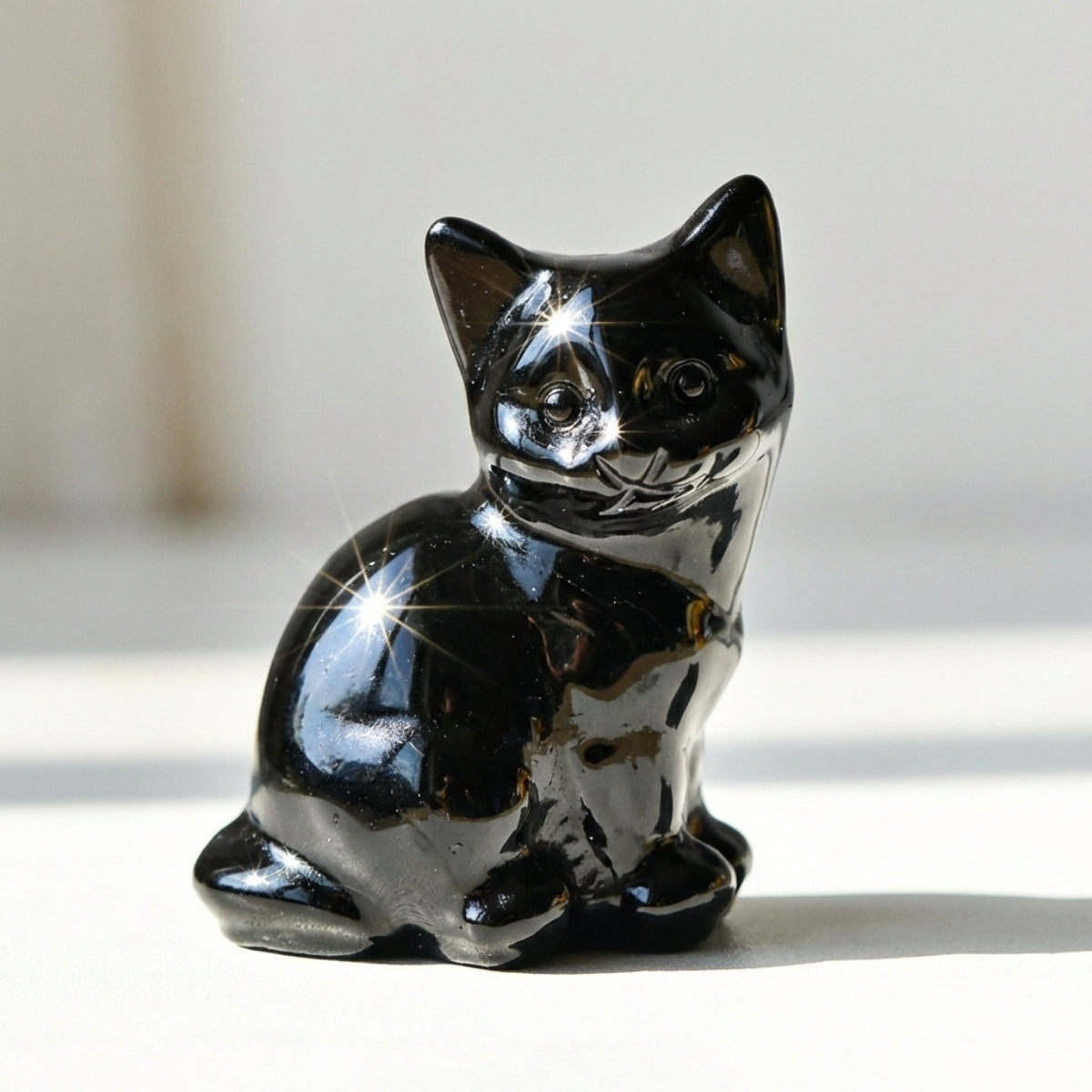 Handgesneden Obsidiaankat met Natuurlijke Steenstructuur