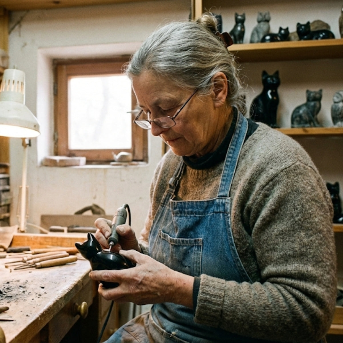Handgesneden Obsidiaankat met Natuurlijke Steenstructuur