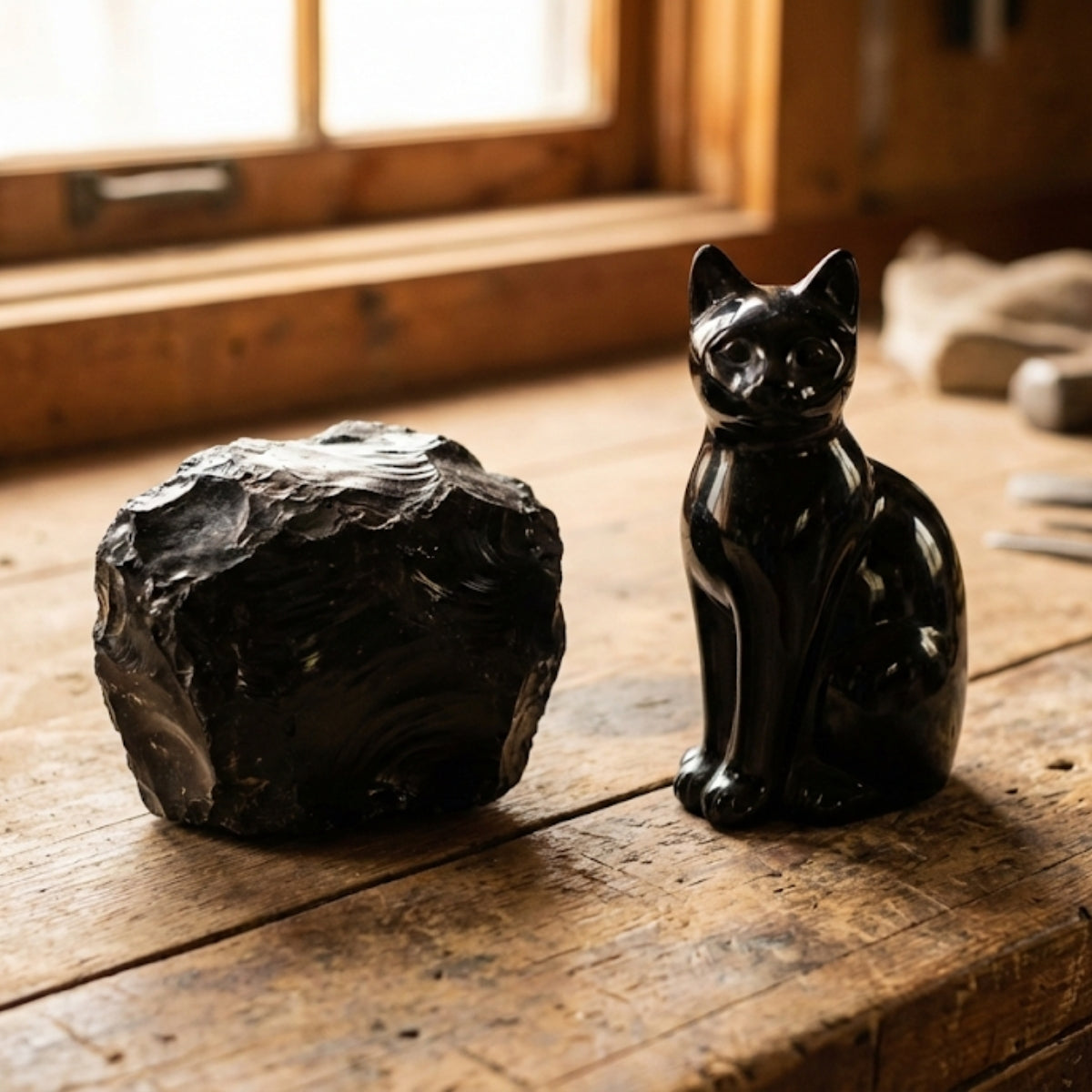 Handgesneden Obsidiaankat met Natuurlijke Steenstructuur