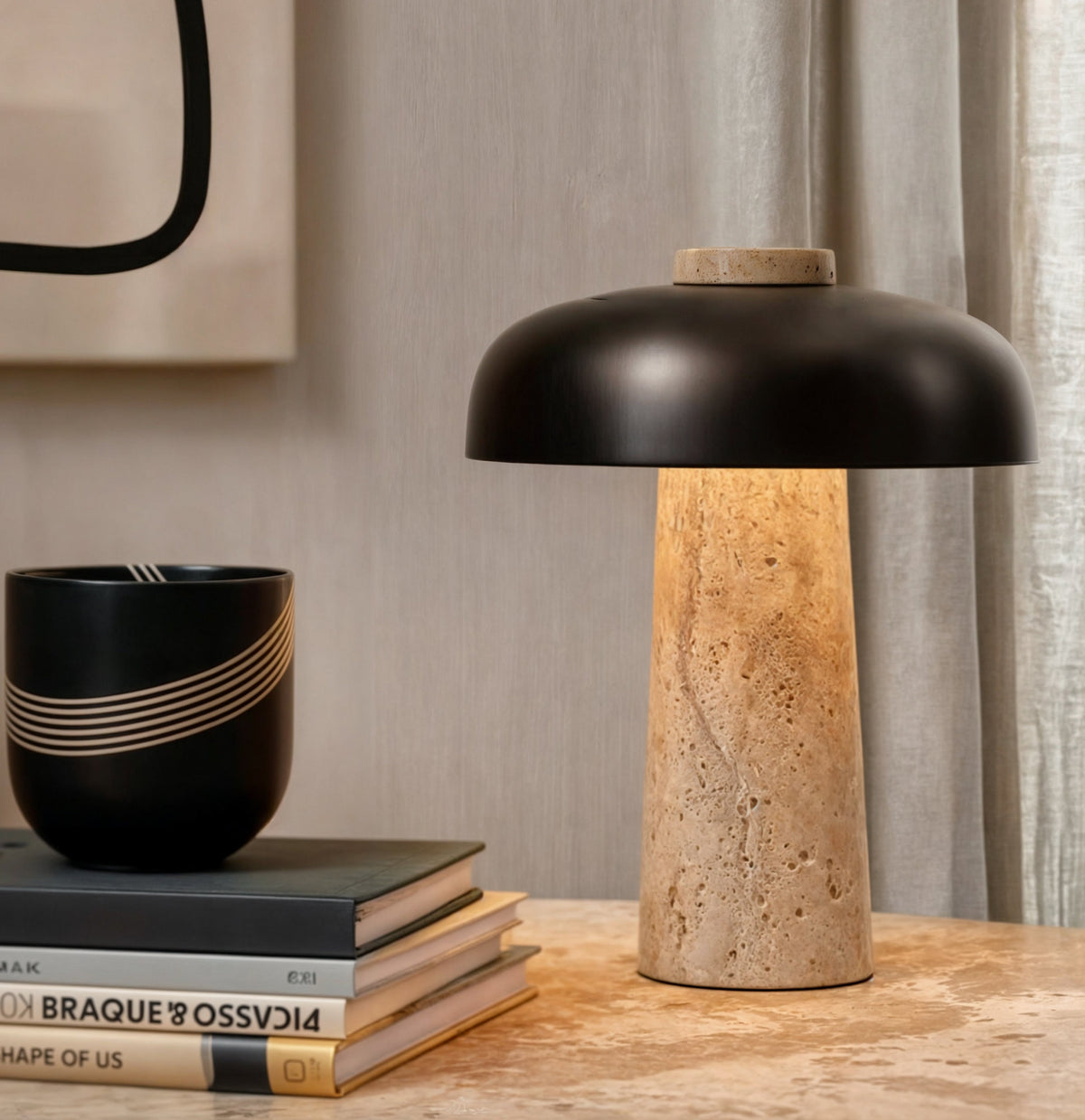 Minimalistische Tafellamp Met Natuurlijke Stenen Voet En Zacht LED-Licht