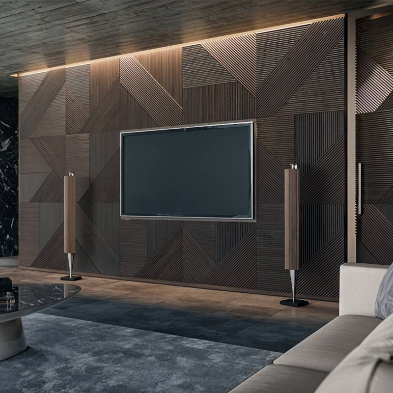 Geometrische houten wandpanelen voor een warme accentmuur
