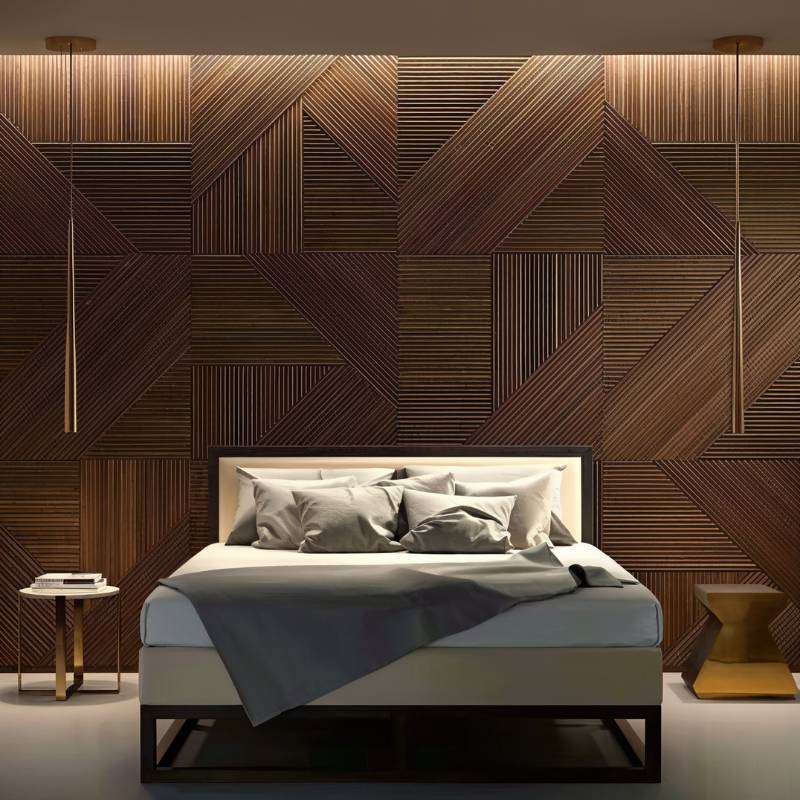 Geometrische houten wandpanelen voor een warme accentmuur