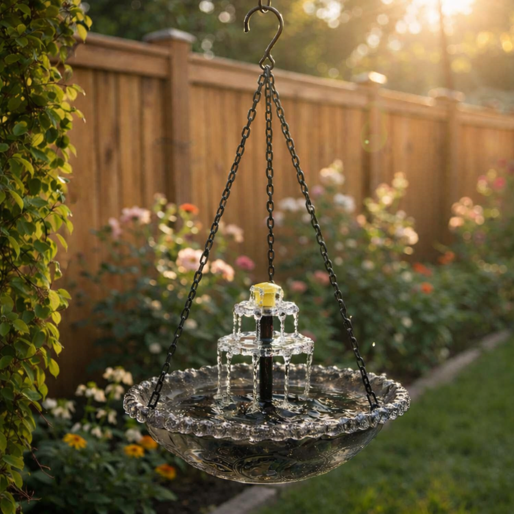 Vogelbad van Glas met Hangketting en Zonnefontein voor Tuin en Terras