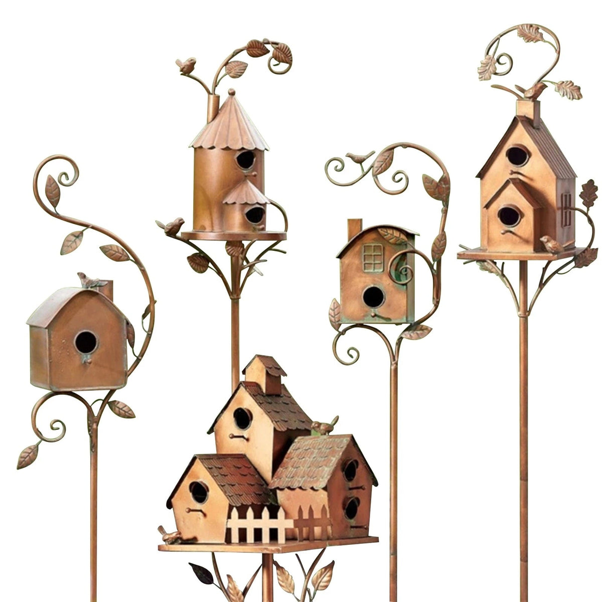Metalen Vogelhuisje Met Artistiek Ontwerp En Tuinsteker Voor Buitenplaatsing