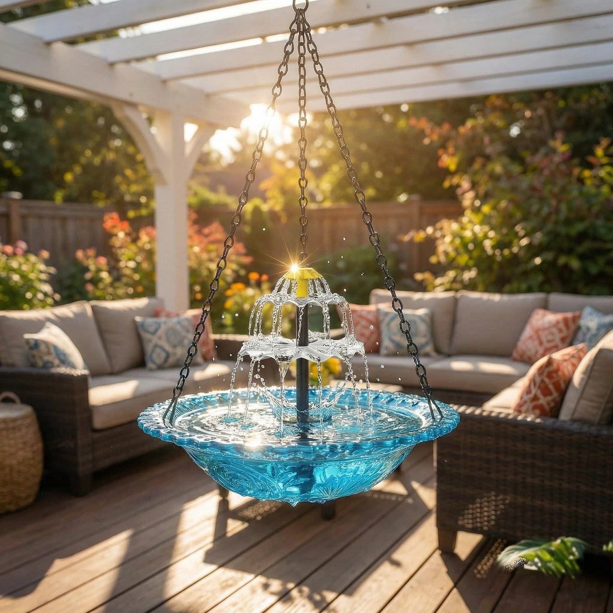 Vogelbad van Glas met Hangketting en Zonnefontein voor Tuin en Terras