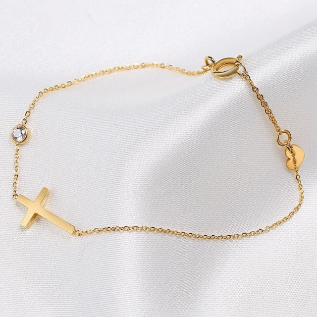 Armband voor dames met kruis en kristal aan verstelbare ketting