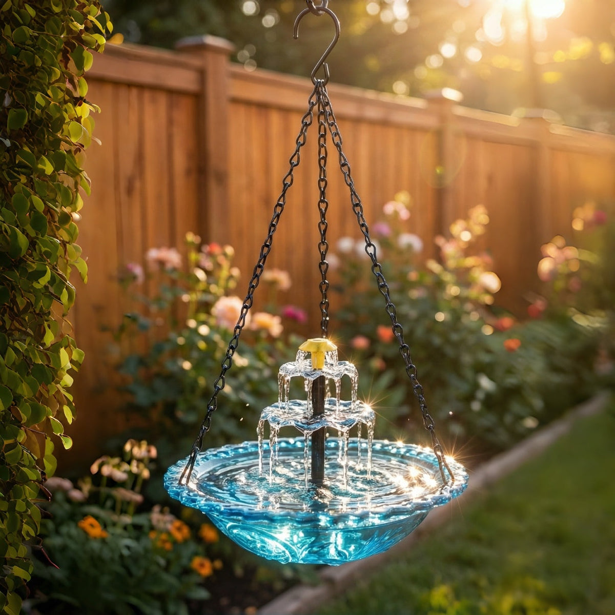 Vogelbad van Glas met Hangketting en Zonnefontein voor Tuin en Terras