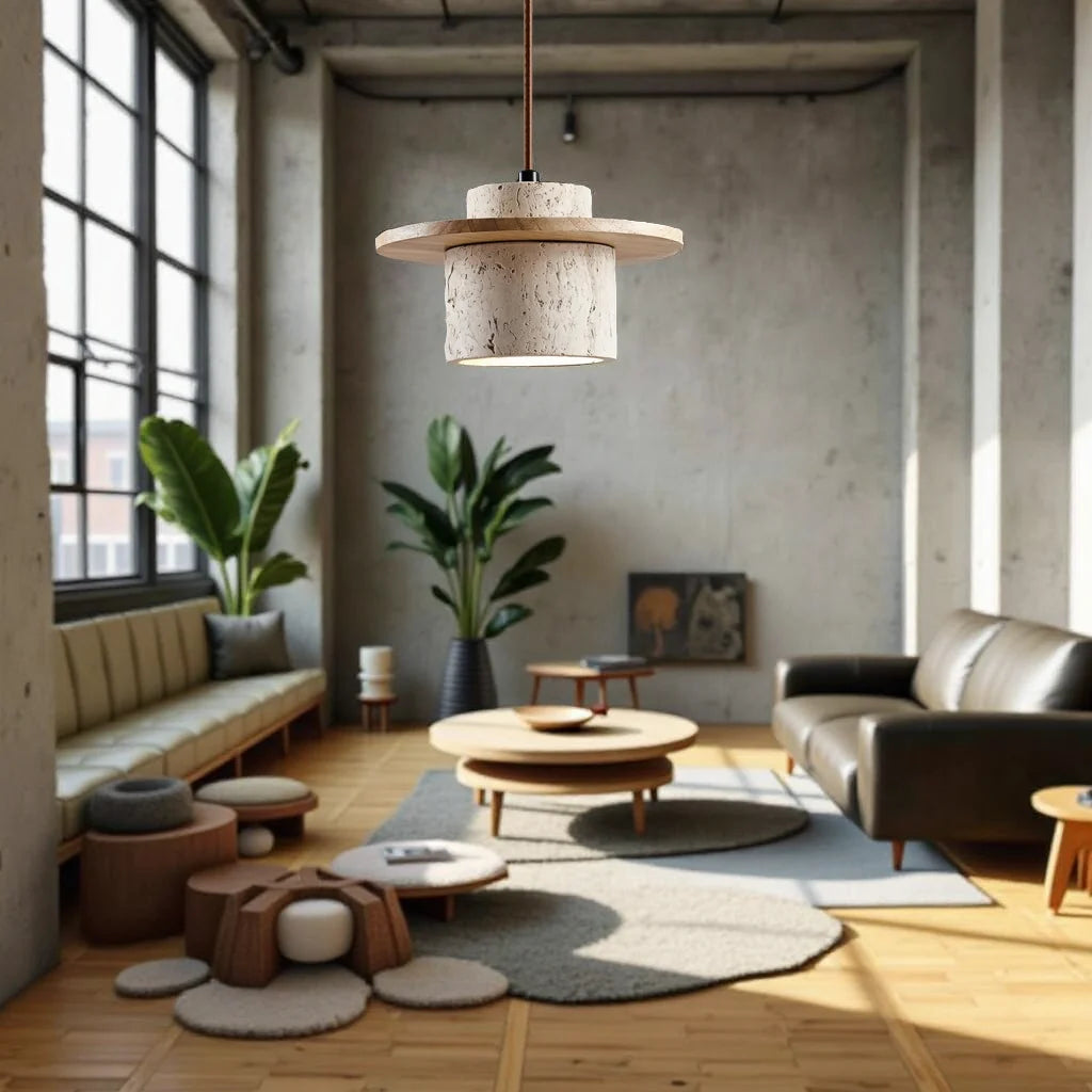 Hanglamp van Travertijn en Hout voor Rustige Sfeerverlichting in Huis
