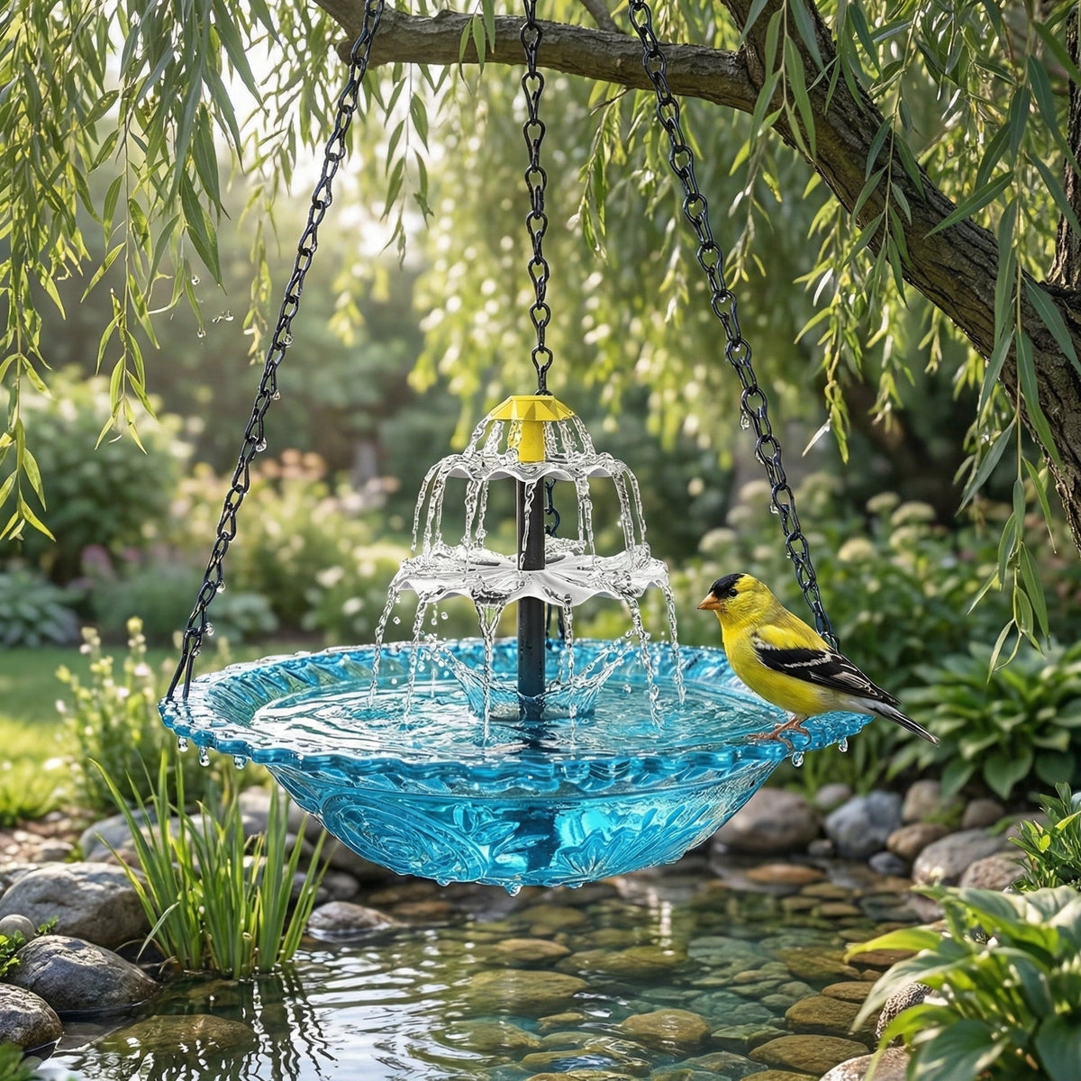 Vogelbad van Glas met Hangketting en Zonnefontein voor Tuin en Terras
