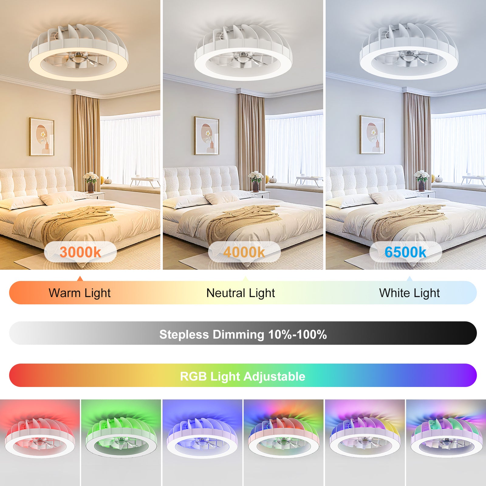 Plafondventilator met RGB LED-Verlichting en Dimbare Lamp voor Woonkamer