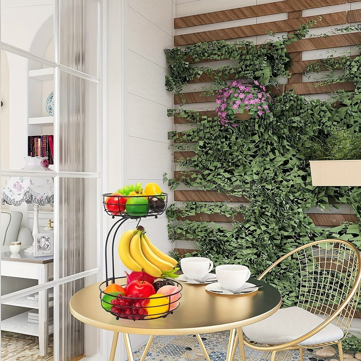 Fruitmand met twee lagen en bananenhouder