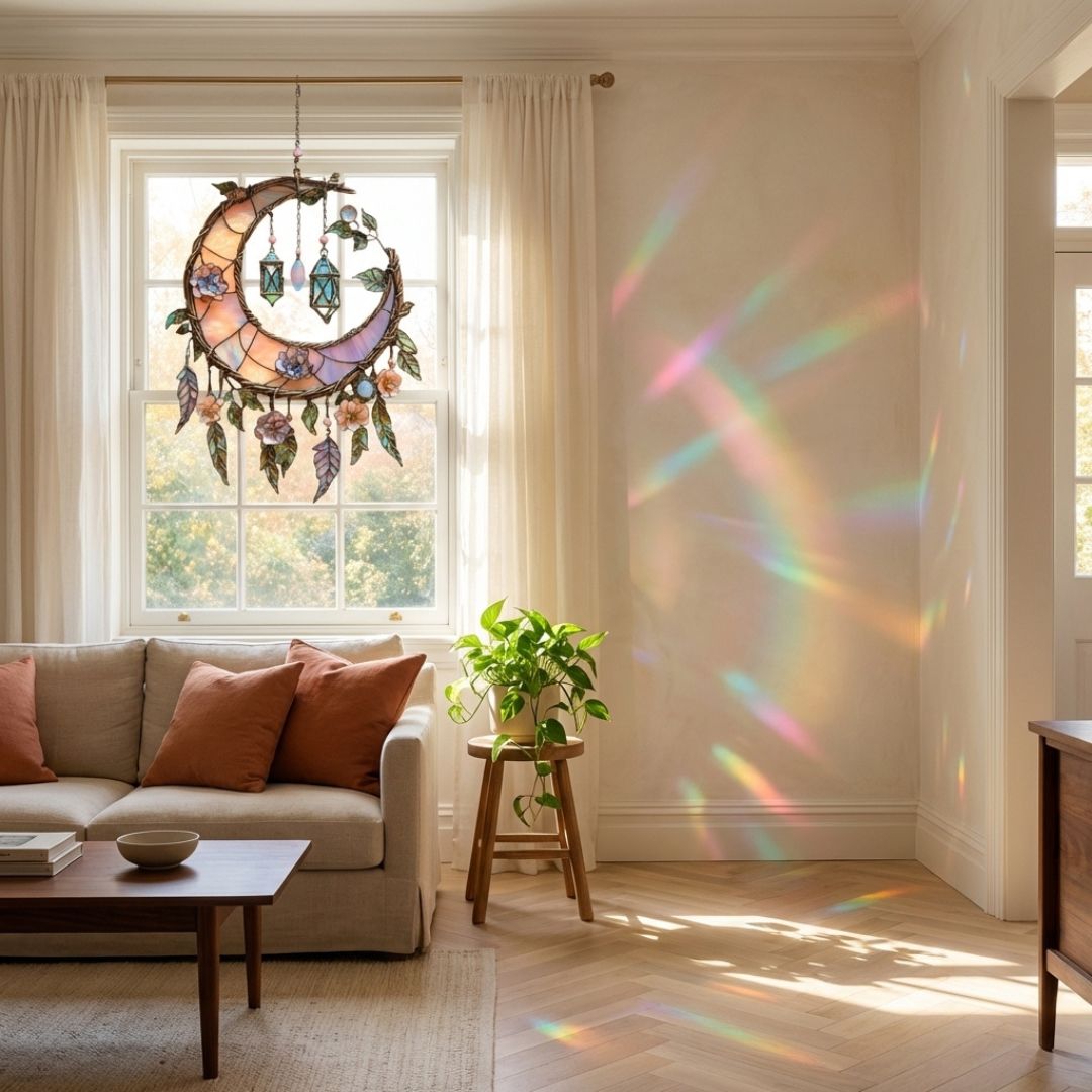 Sfeervolle Raamdecoratie met Regenbooglicht en Handgemaakt Design