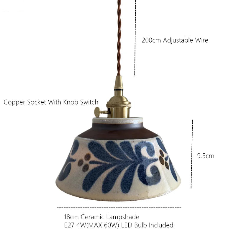 Handbeschilderde keramische hanglamp met koperen details