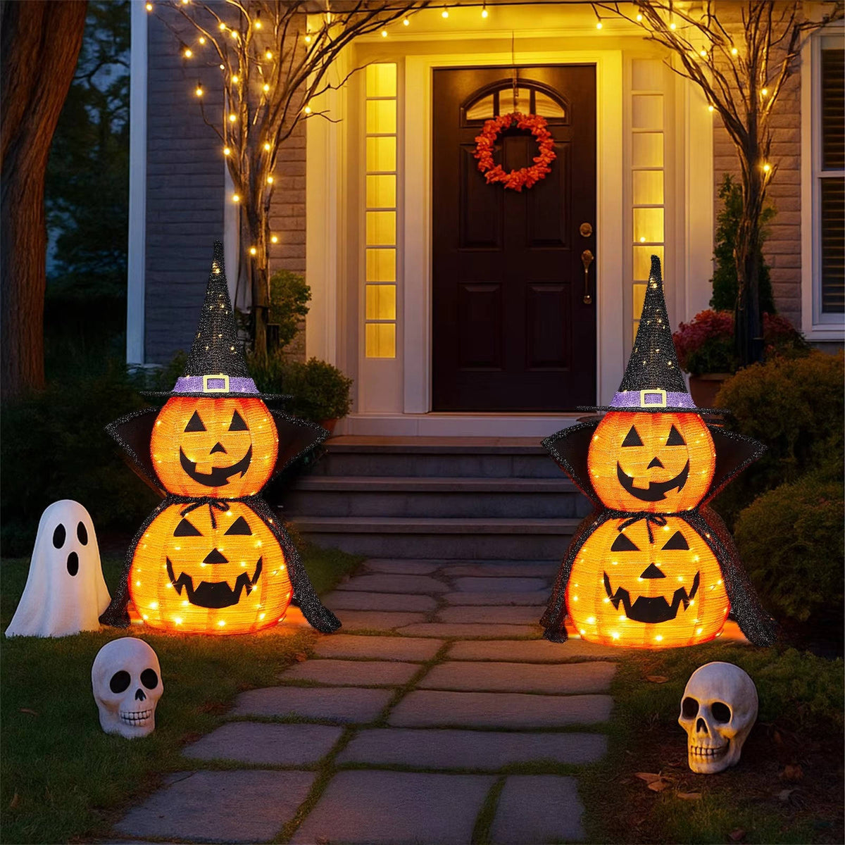 Halloween Pompoenset Twee Stuks 3 Ft Met Ledverlichting En Inklapbaar Ontwerp
