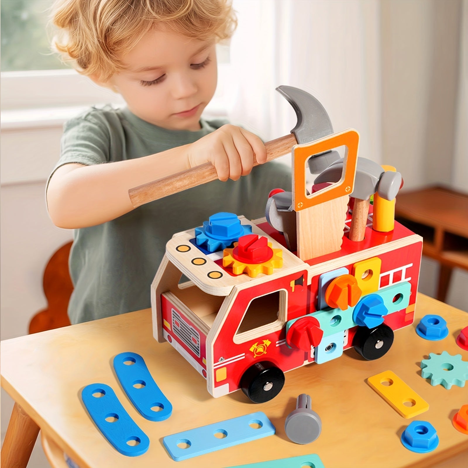 Montessori Houten Brandweerauto met Gereedschap voor Creatief Bouwplezier