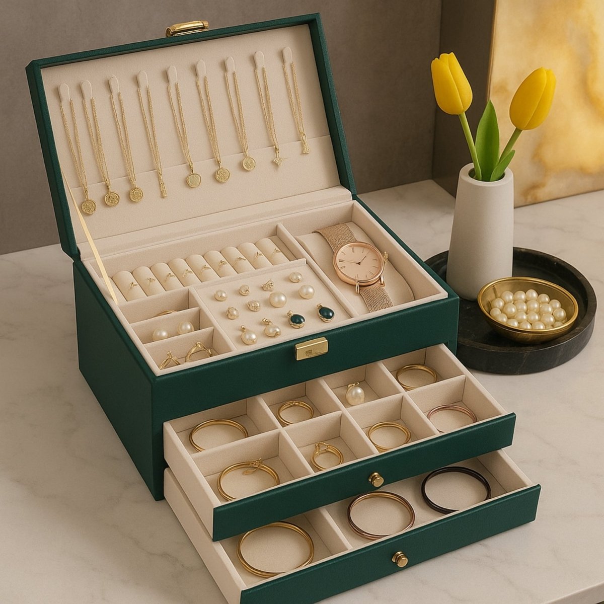 Luxe Sieradenorganizer met Drie Lagen, Lades en Velours Interieur voor Geordende Collecties