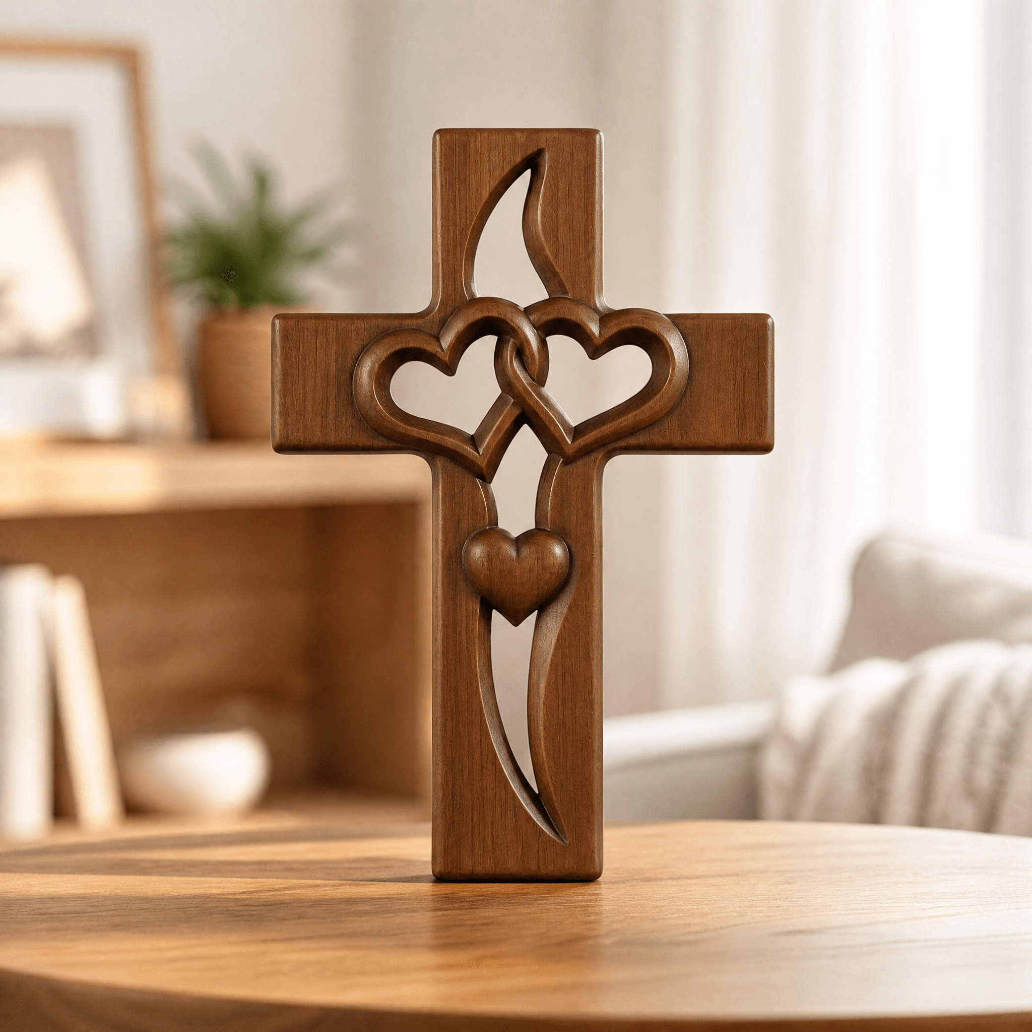 Wandkruis Hout Handgesneden Hartmotief Warm Decoratief Ontwerp