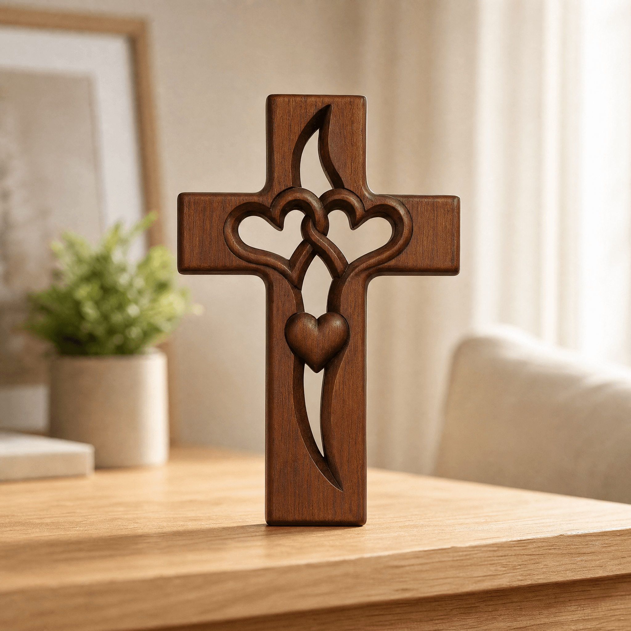 Wandkruis Hout Handgesneden Hartmotief Warm Decoratief Ontwerp