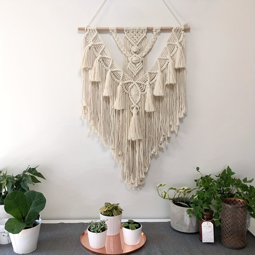 Handgeweven macramé wanddecoratie met franjes en geometrisch patroon