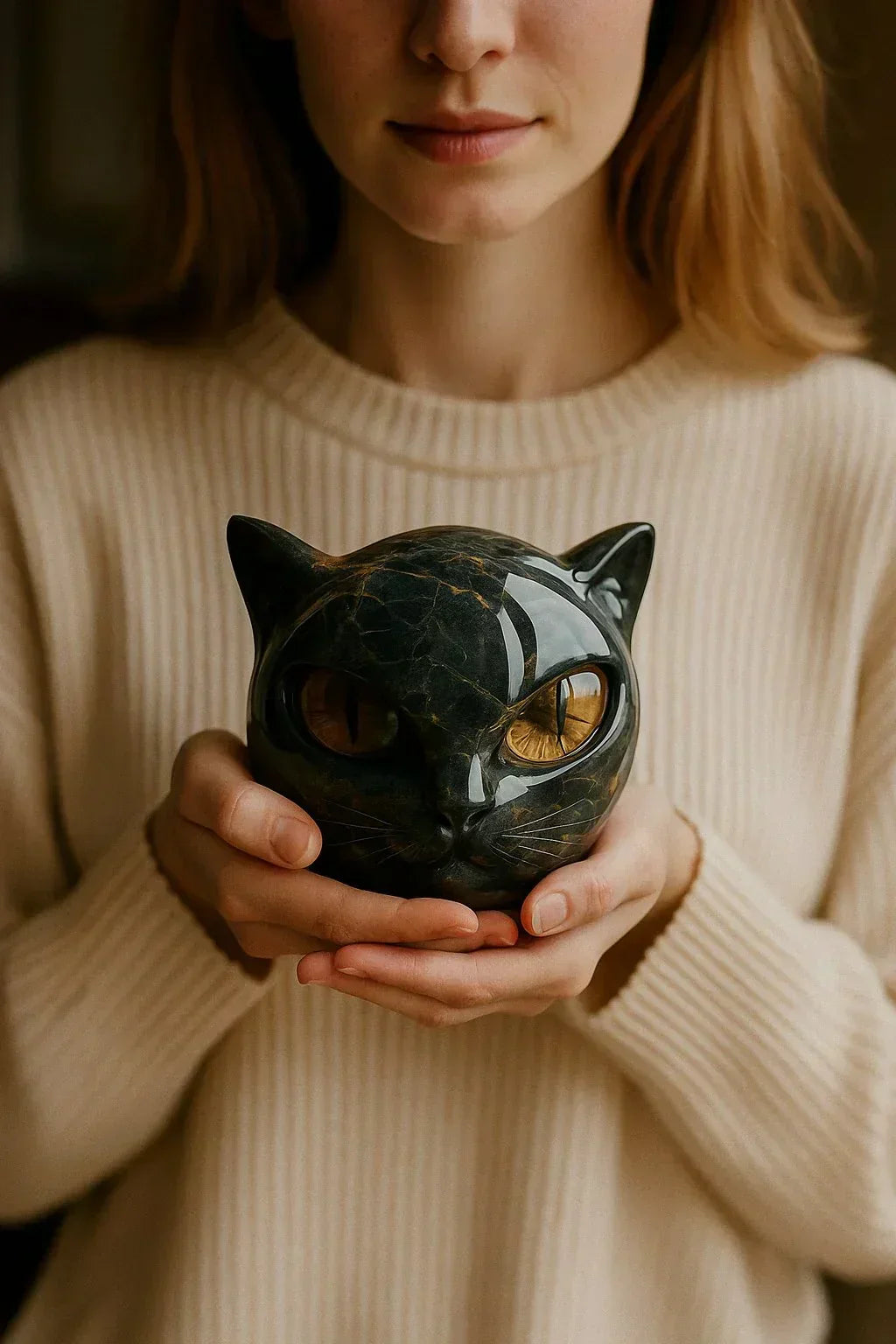 Decoratieve Kattenbeeld met Luxe Marmerlook en Mystieke Uitstraling