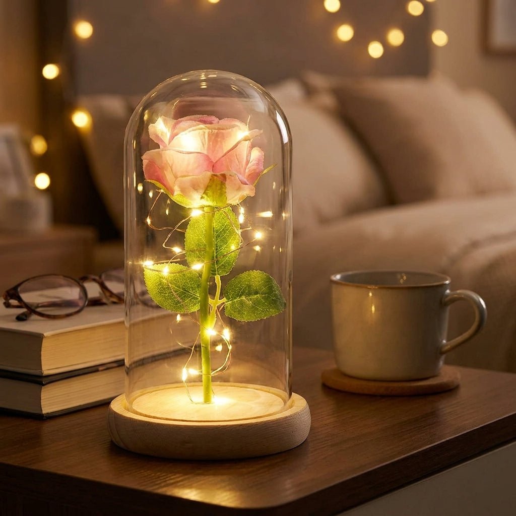 Glazen Rozenlamp Met LED Licht In Koepel