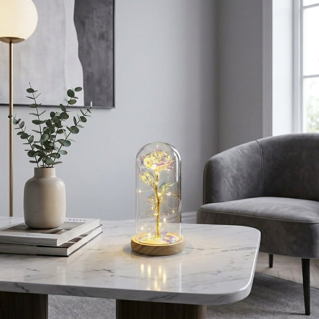 Glazen Rozenlamp Met LED Licht In Koepel