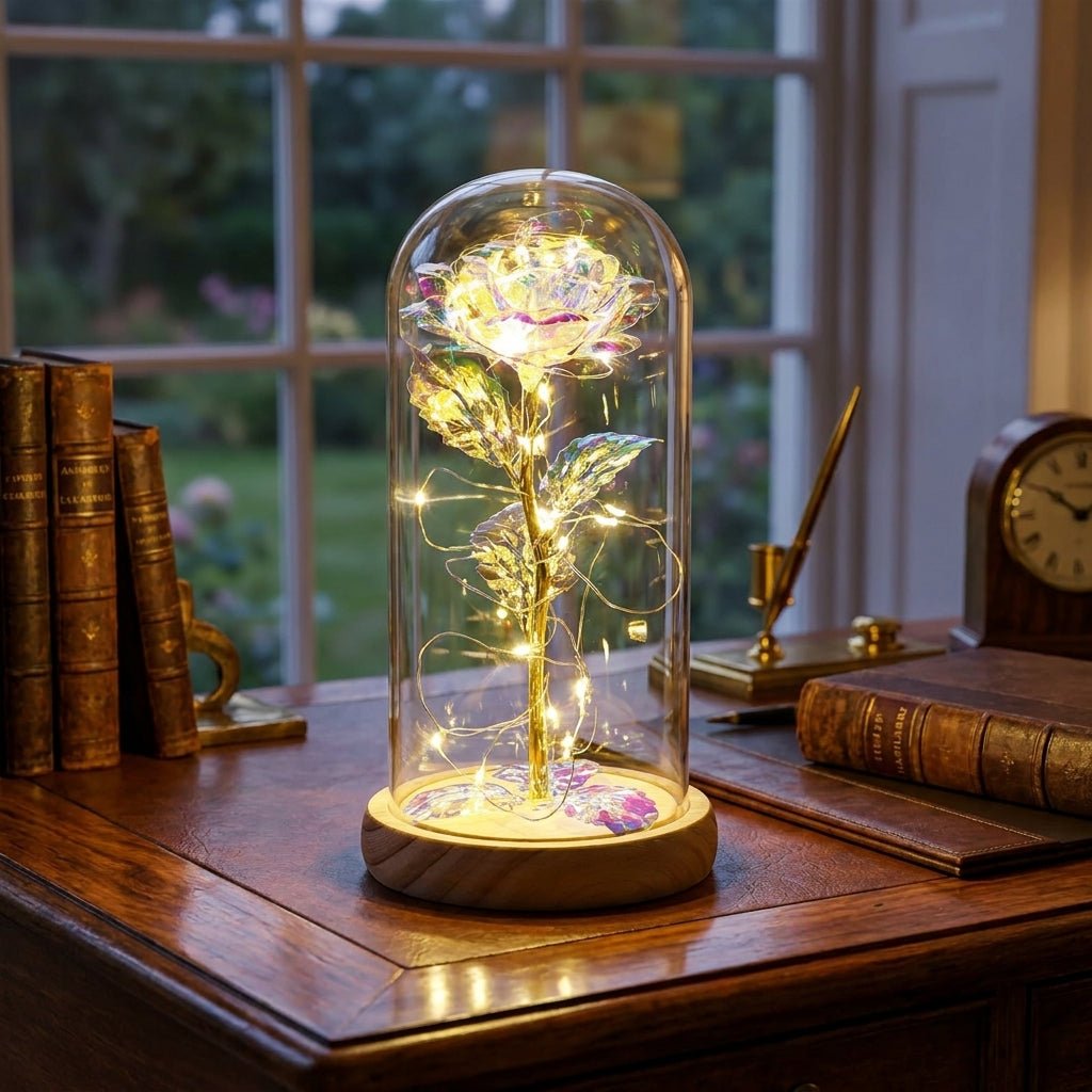 Glazen Rozenlamp Met LED Licht In Koepel