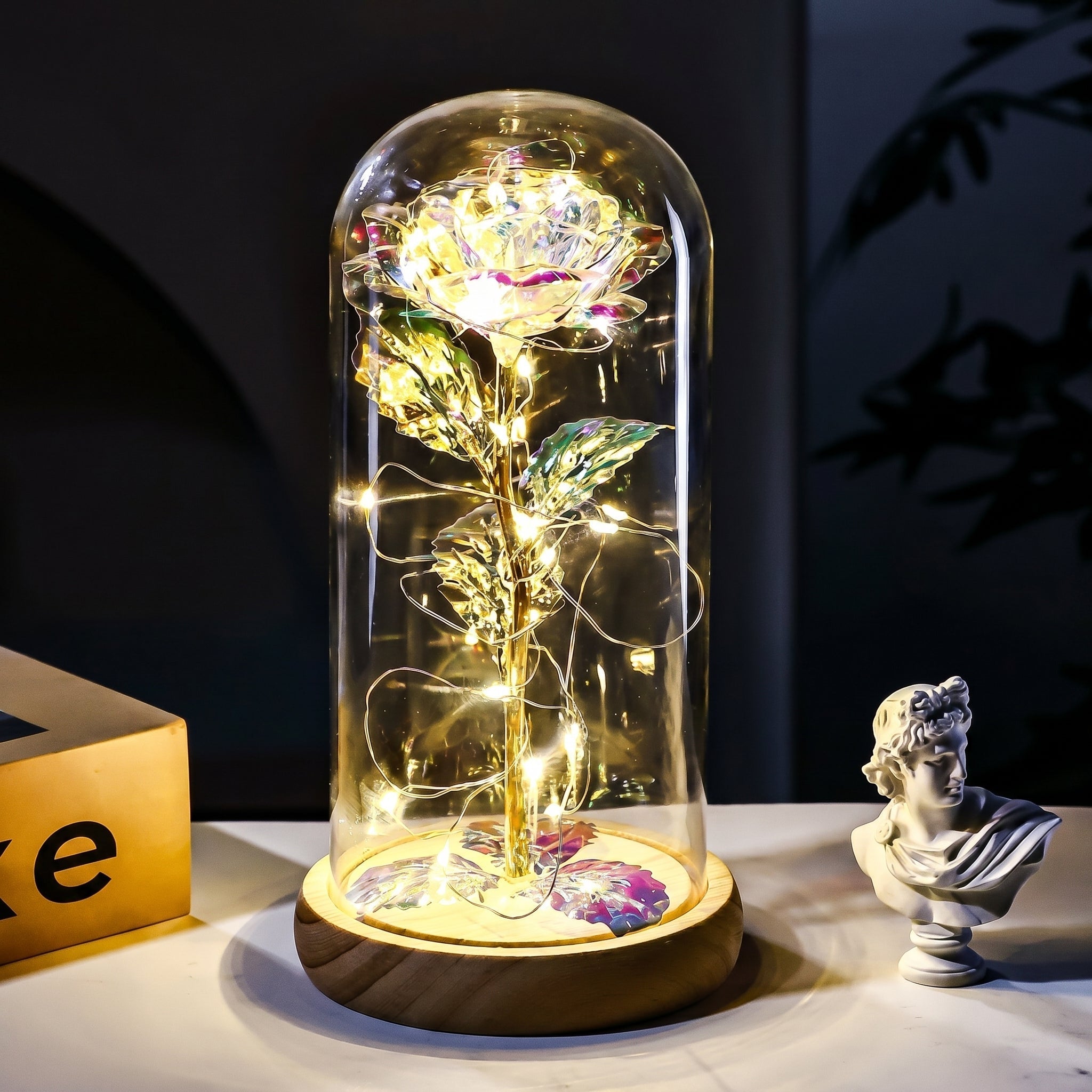 Glazen Rozenlamp Met LED Licht In Koepel
