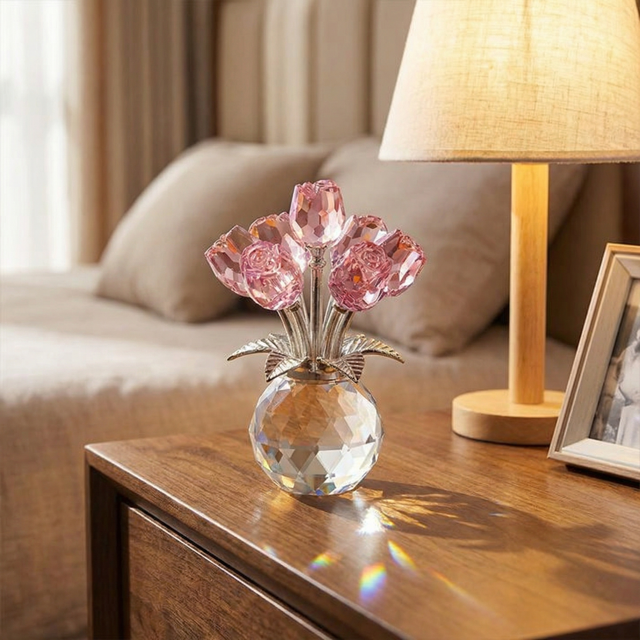 Kristallen Rozen Glas Facetvaas Regenboogreflectie Decoratief Ontwerp