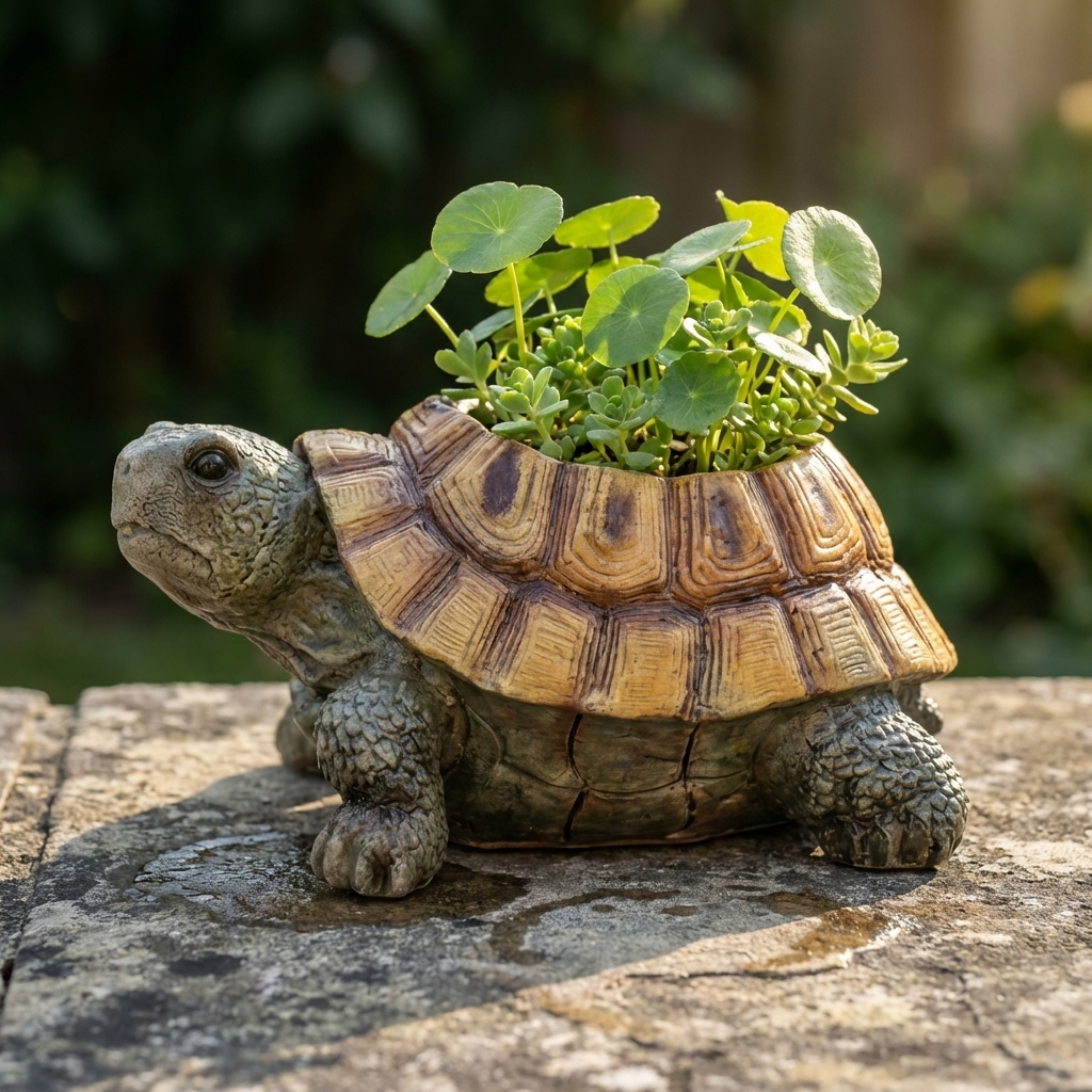 Handgevormde Keramieken Schildpad met Plantopening en Natuurlijke Schaduwzone