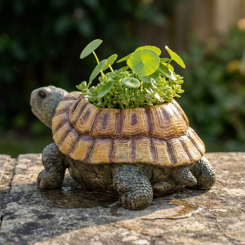 Handgevormde Keramieken Schildpad met Plantopening en Natuurlijke Schaduwzone