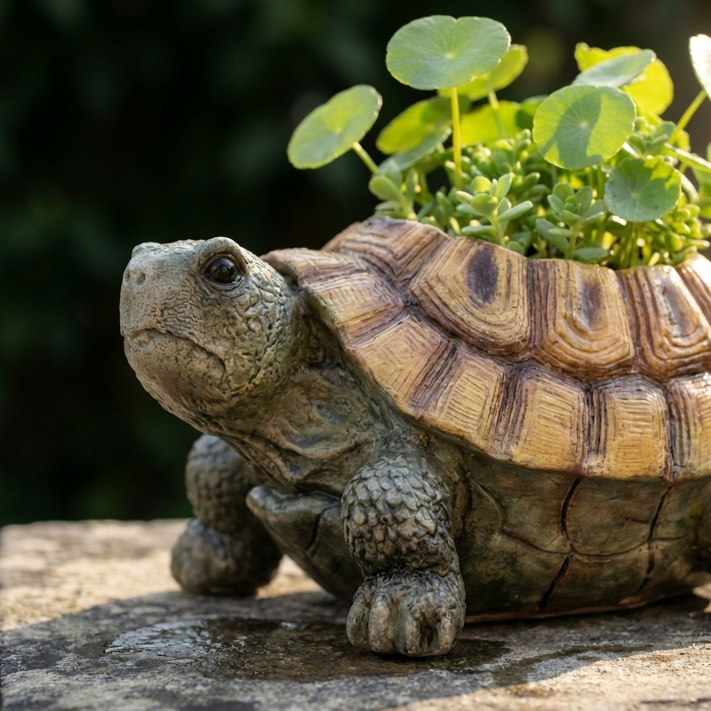 Handgevormde Keramieken Schildpad met Plantopening en Natuurlijke Schaduwzone