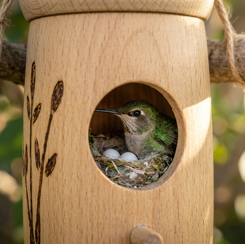 Handgevormd Kolibriehuis van Massief Hout met Natuurlijke Afwerking en Eenvoudige Plaatsing