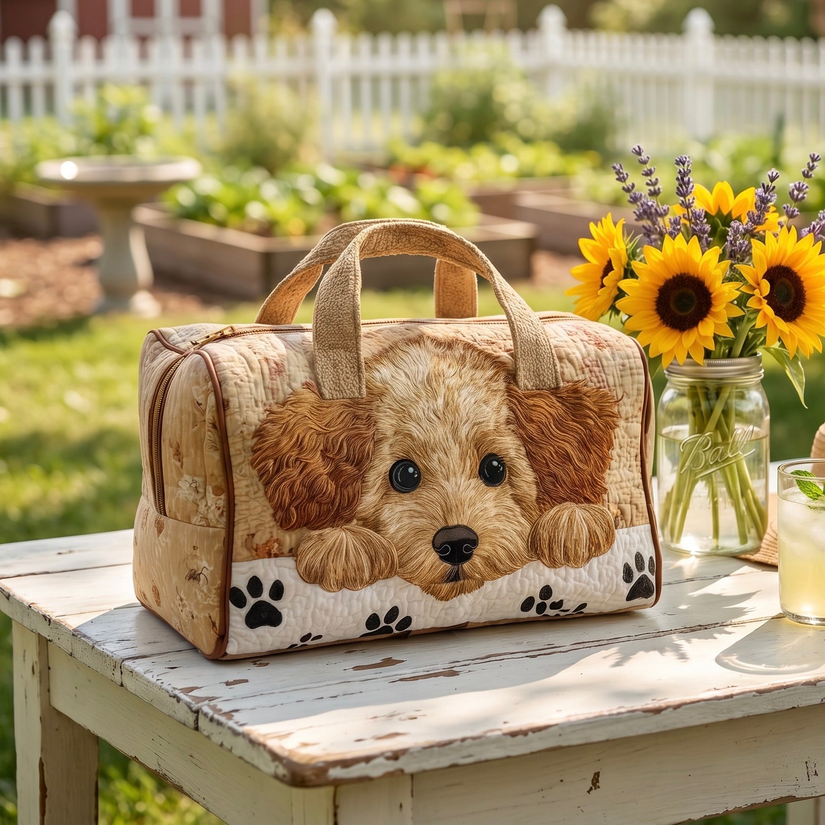 Quilted Weekender met Gelaagde Hondenmotieven en Verstevigde Constructie