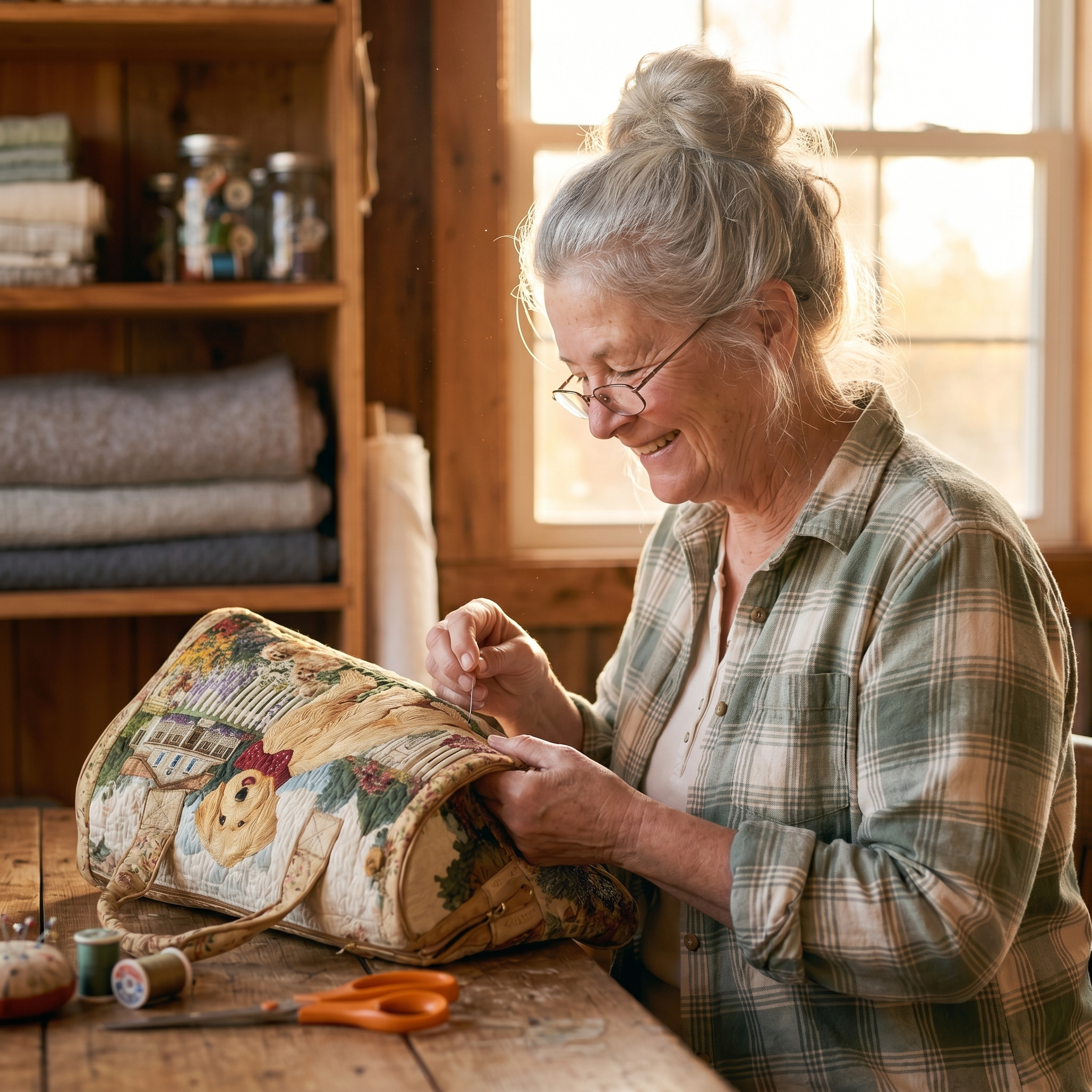 Quilted Weekender met Gelaagde Hondenmotieven en Verstevigde Constructie