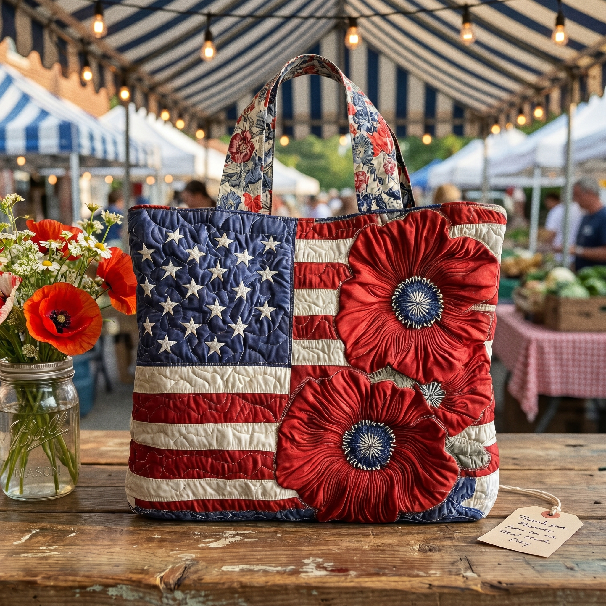 Handgemaakte Quilted Tote met Drie‑Laags Constructie en Ambachtelijke Motieven