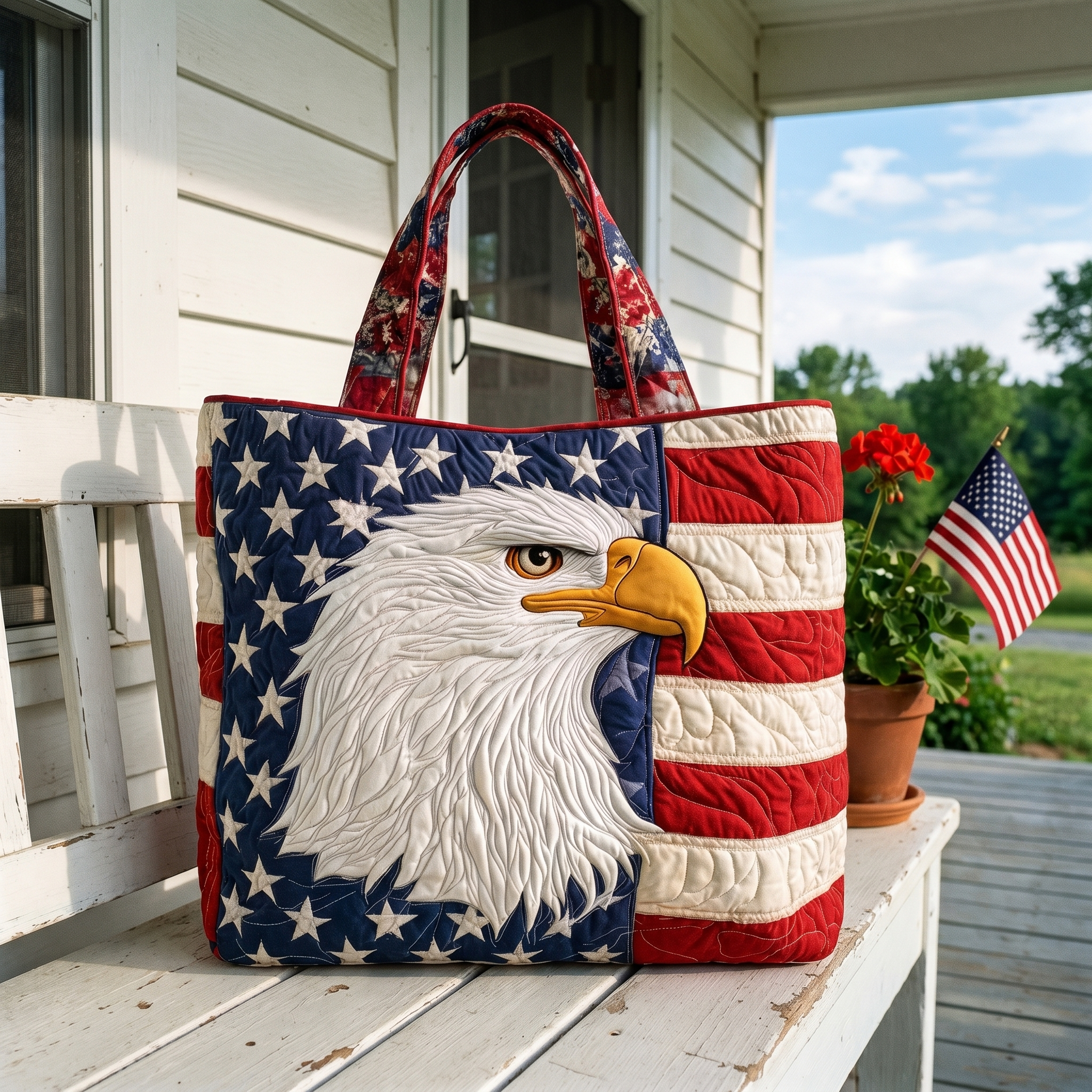 Handgemaakte Quilted Tote met Drie‑Laags Constructie en Ambachtelijke Motieven