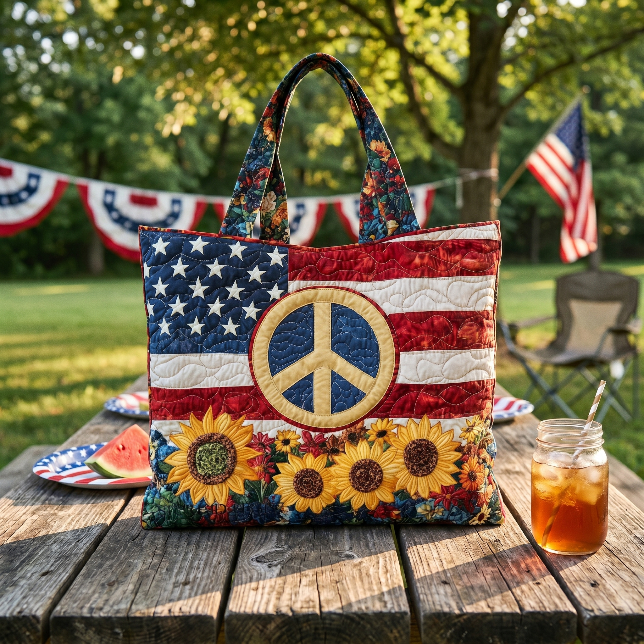 Handgemaakte Quilted Tote met Drie‑Laags Constructie en Ambachtelijke Motieven