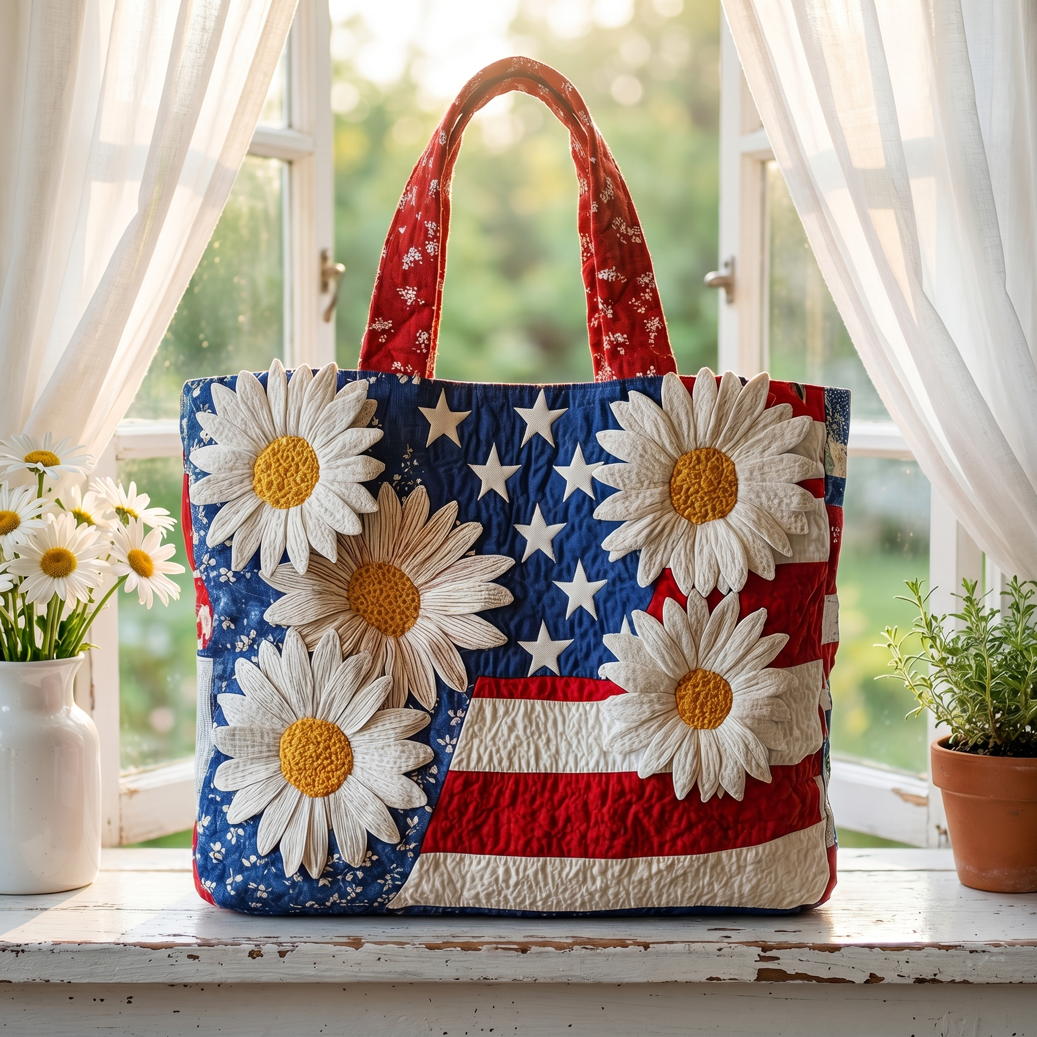 Handgemaakte Quilted Tote met Drie‑Laags Constructie en Ambachtelijke Motieven