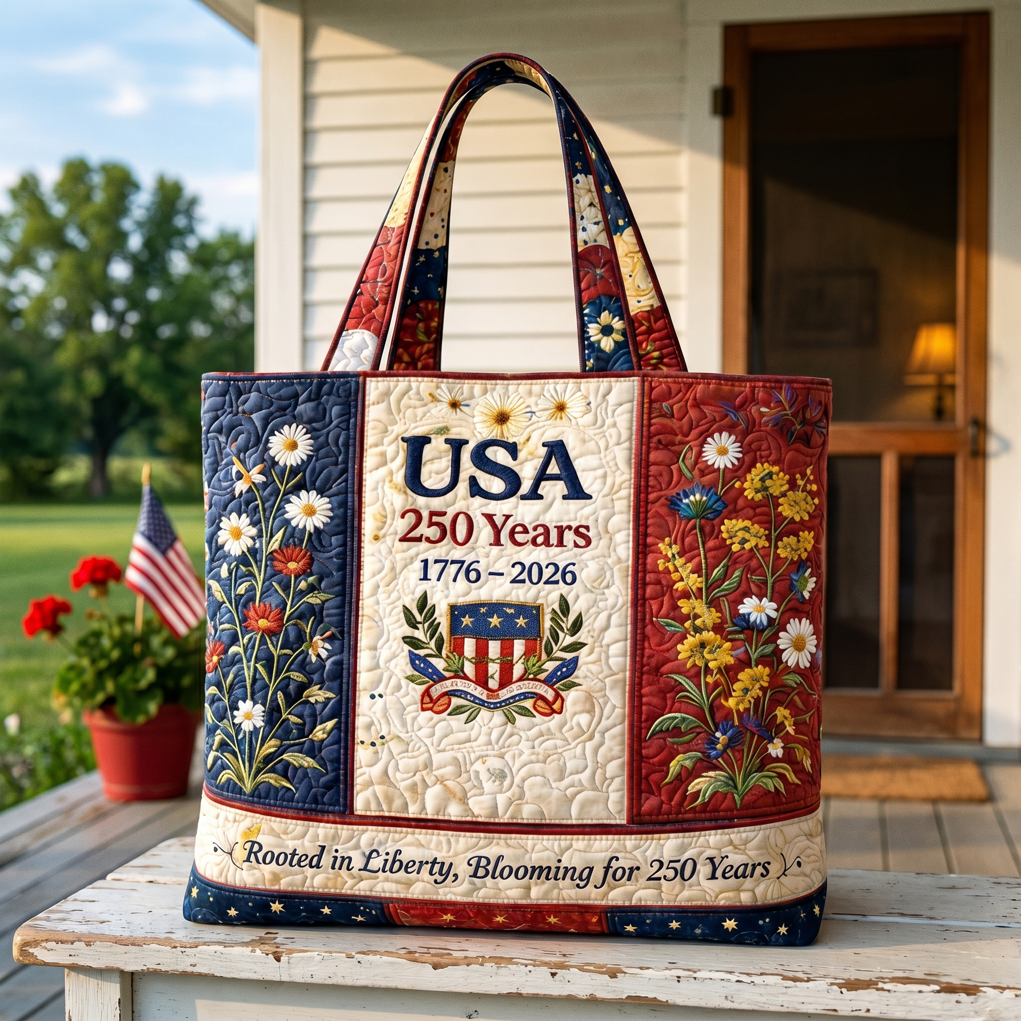 Handgemaakte Quilted Tote met Drie‑Laags Constructie en Ambachtelijke Motieven