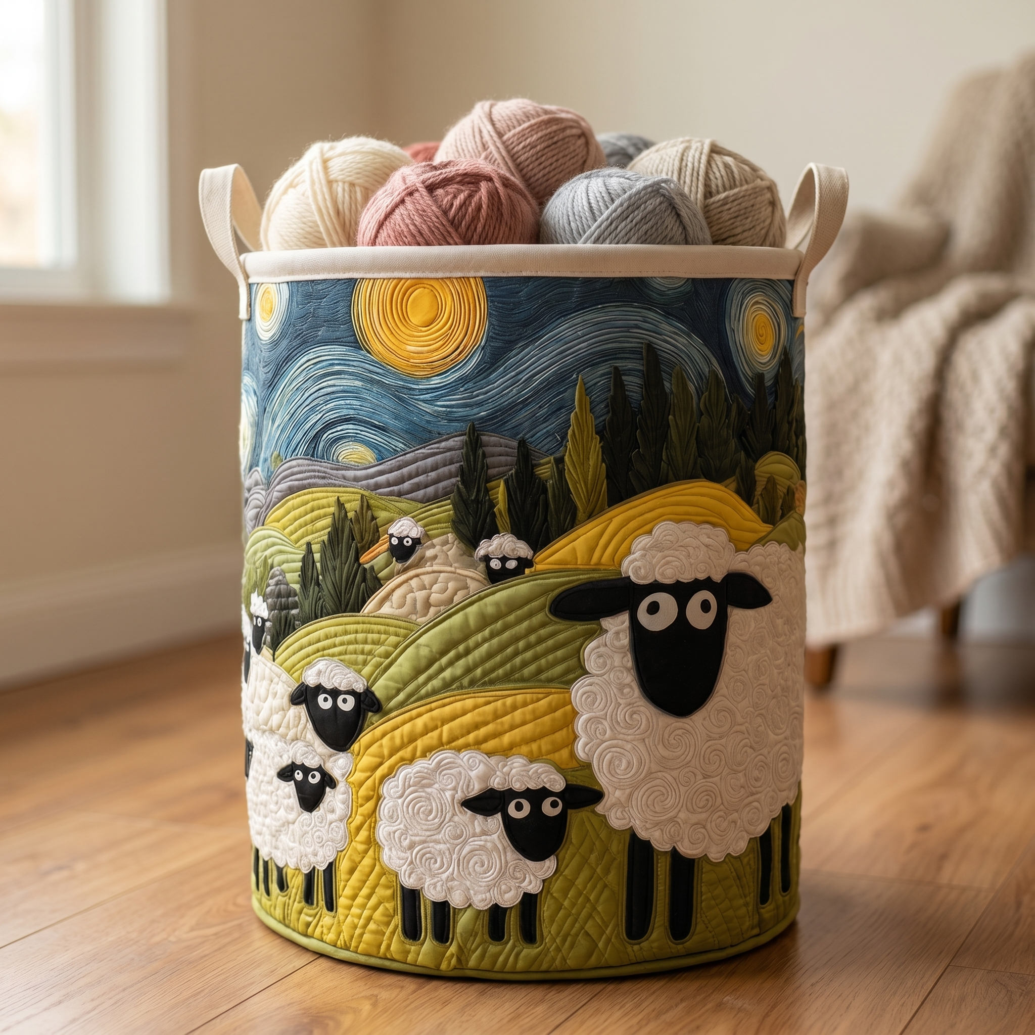 Handgequilt Schapenmand met Zelfstaande Structuur en Ambachtelijke Afwerking