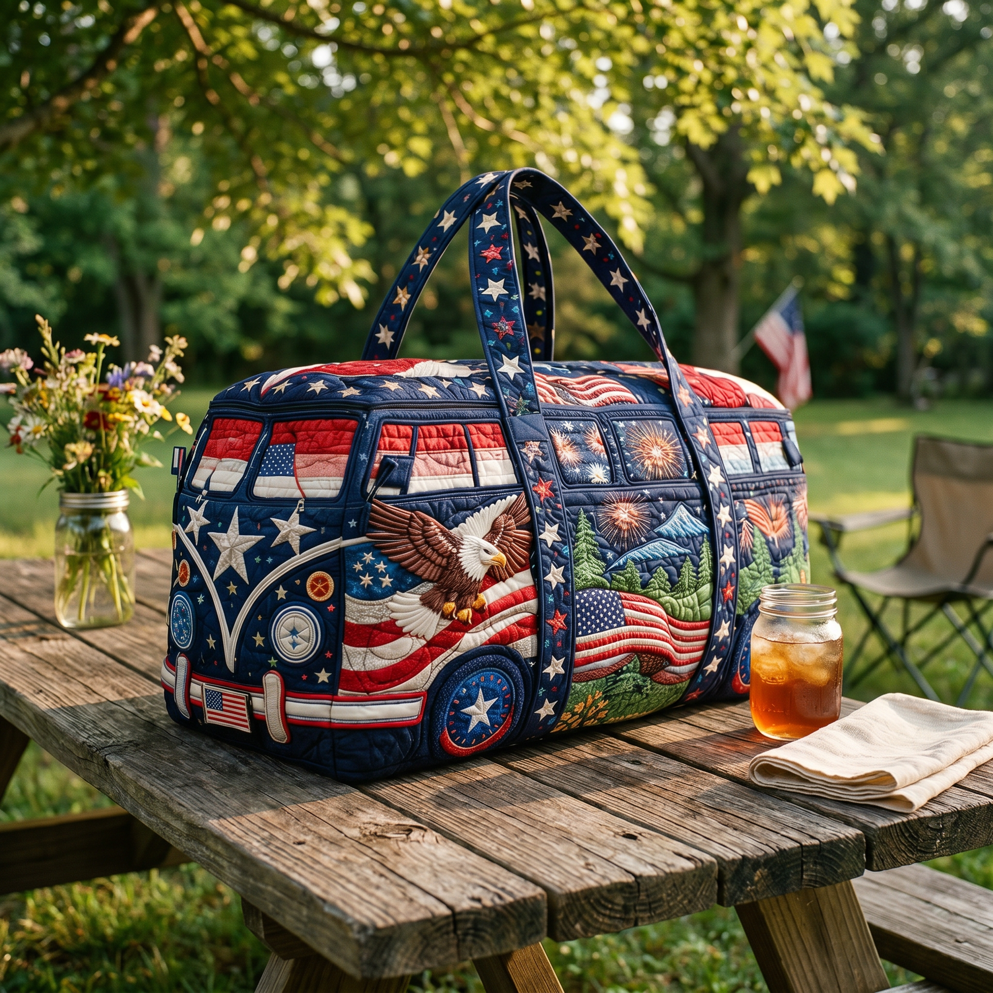 Handgemaakte Quilted Tote met Drie‑Laags Constructie en Ambachtelijke Motieven