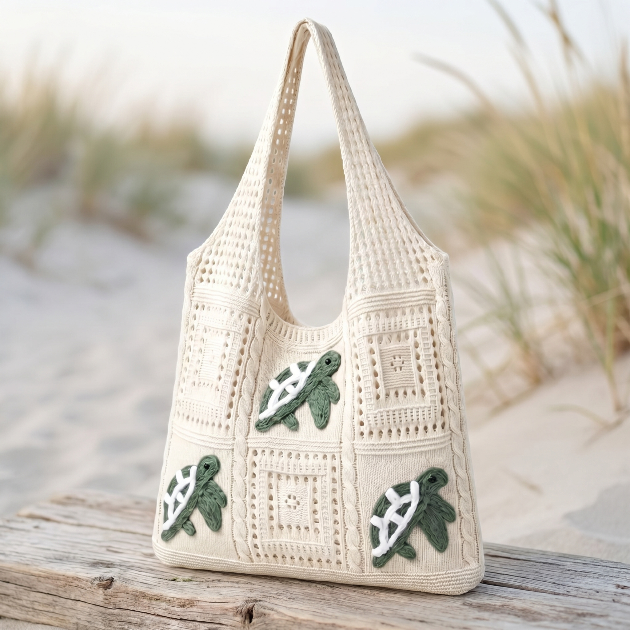 Gehaakte Strandtas met Open Mesh en 3D‑Motiefafwerking
