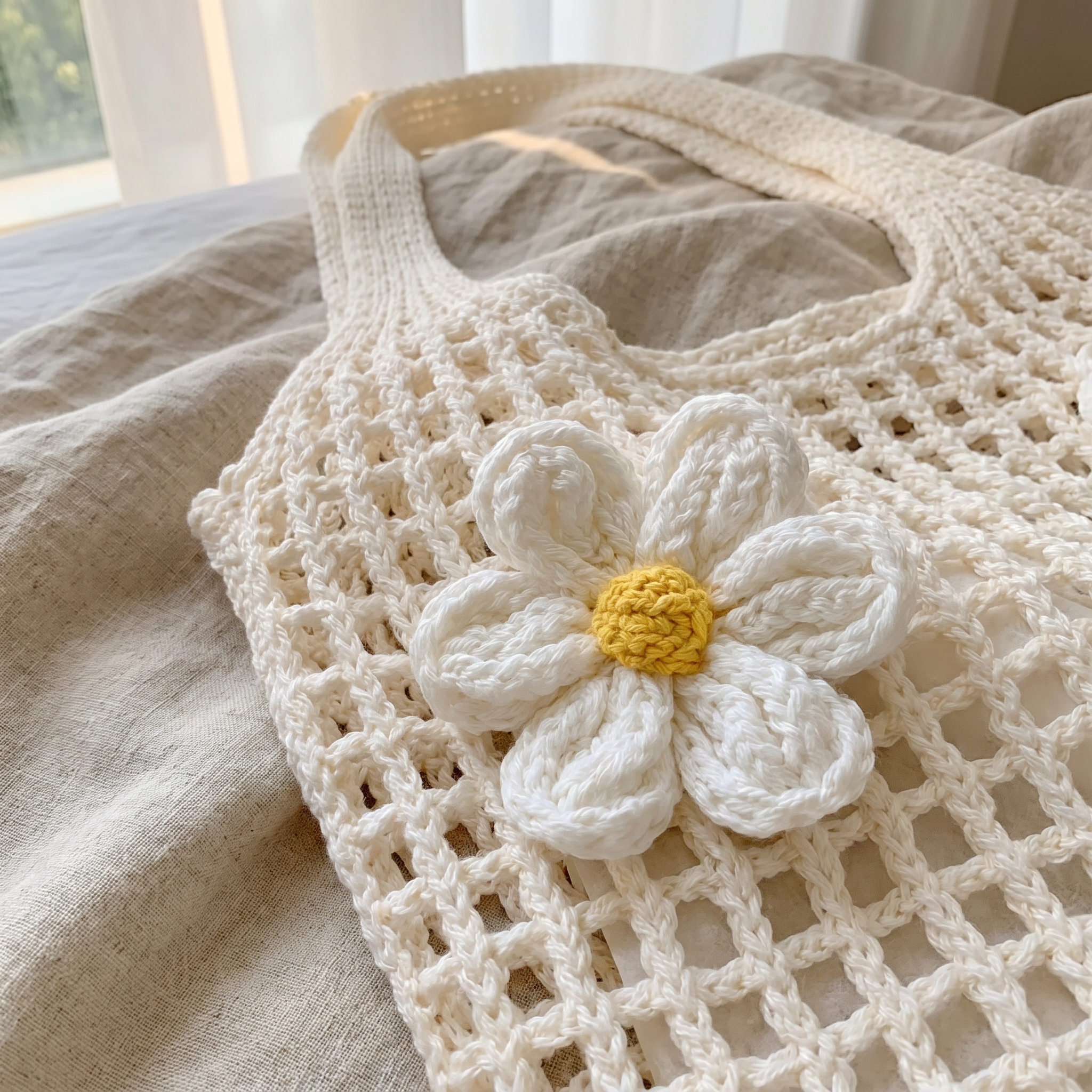 Gehaakte Strandtas met Open Mesh en 3D‑Motiefafwerking