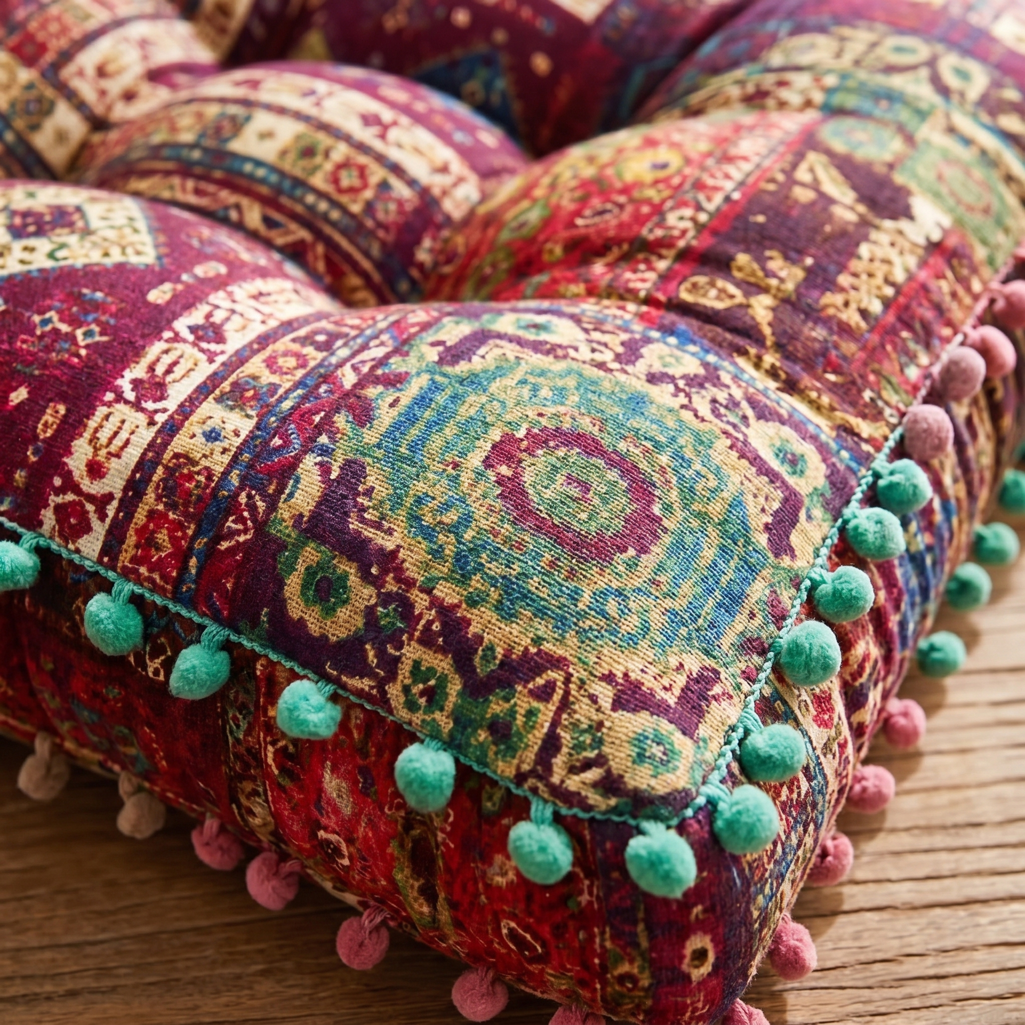 Handgequilt Kussen met Suzani‑Print en Handgetufte Constructie