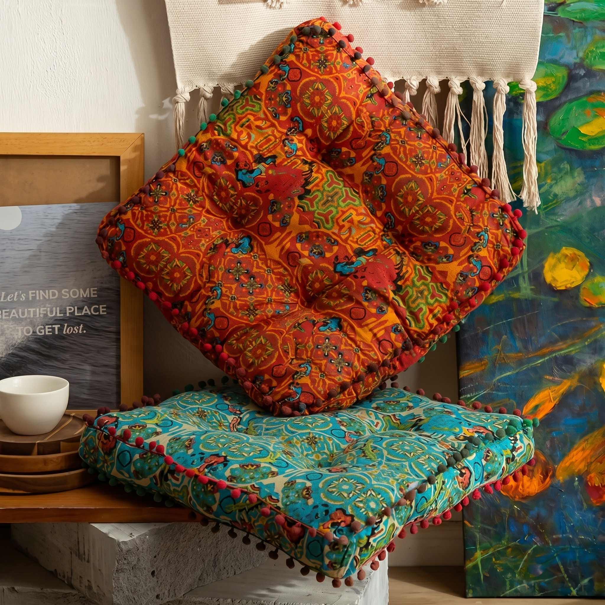 Handgequilt Kussen met Suzani‑Print en Handgetufte Constructie