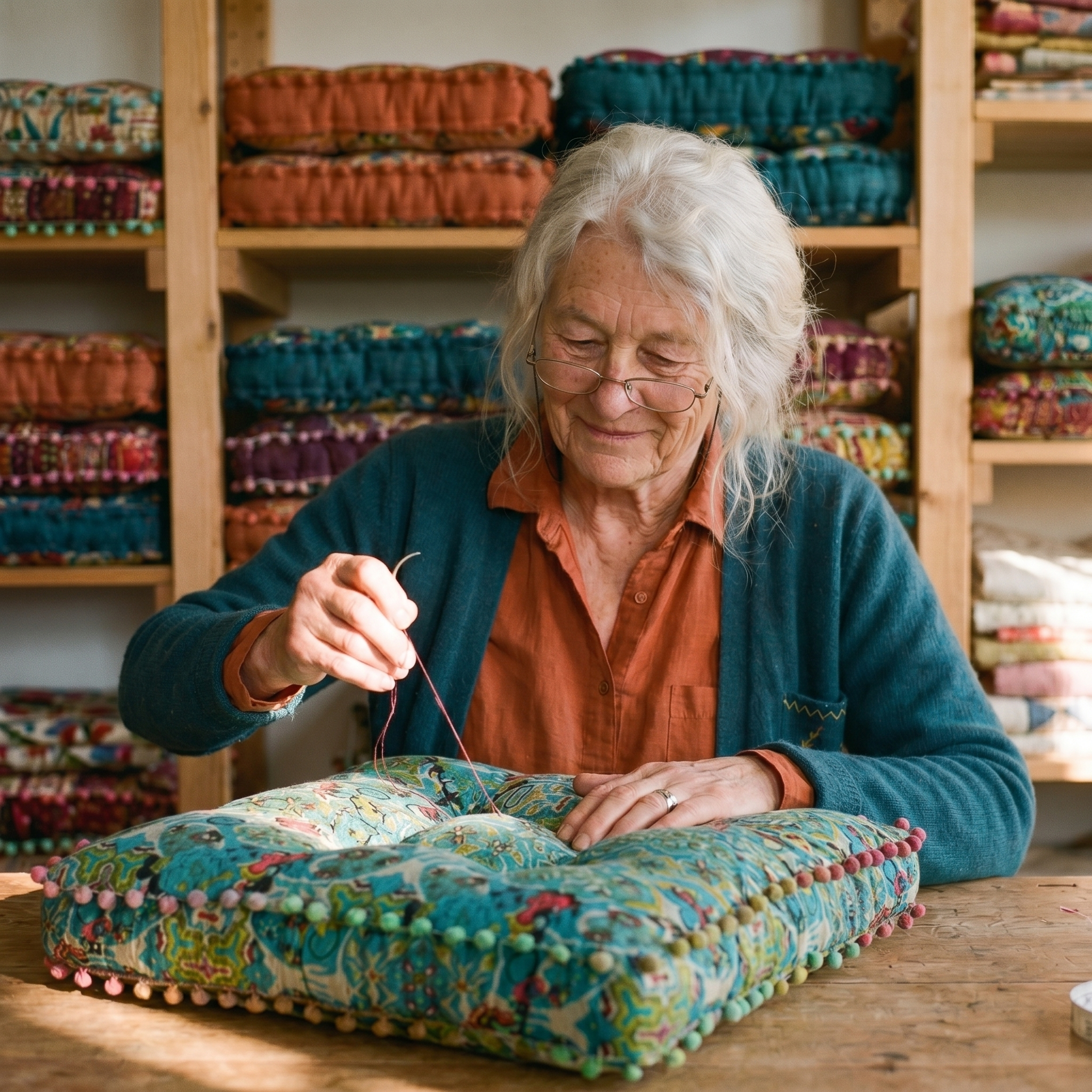 Handgequilt Kussen met Suzani‑Print en Handgetufte Constructie