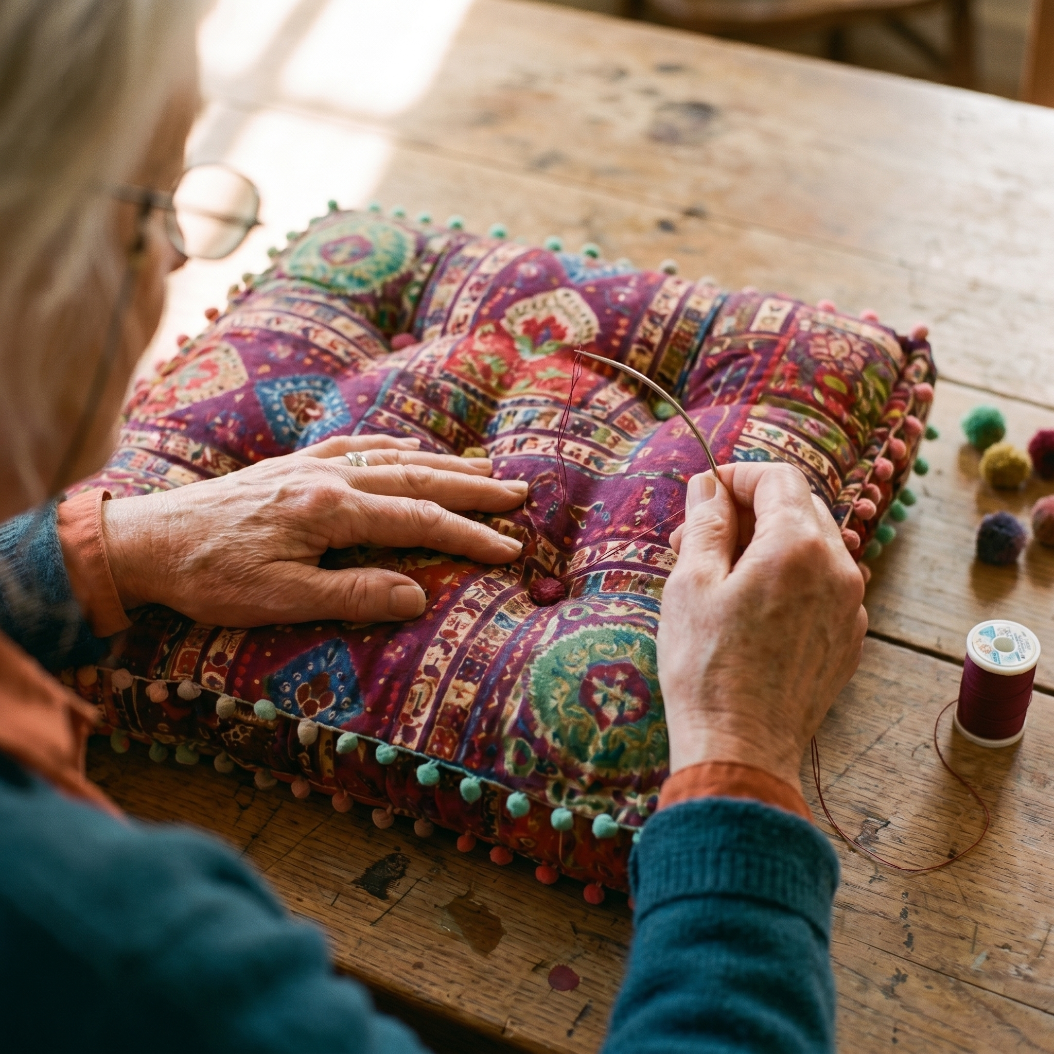 Handgequilt Kussen met Suzani‑Print en Handgetufte Constructie